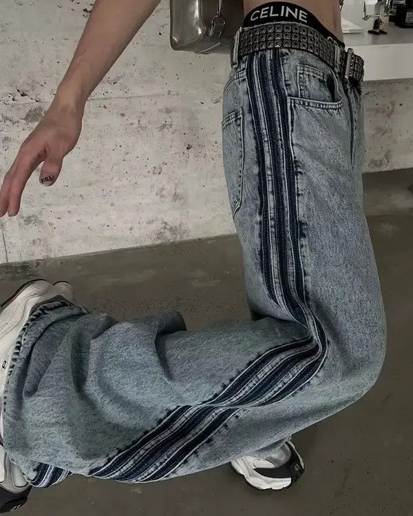 VIBE Avant garde fashion acid wash side striped baggy jeans pants Size US 32 / EU 48 - 5 Thumbnail