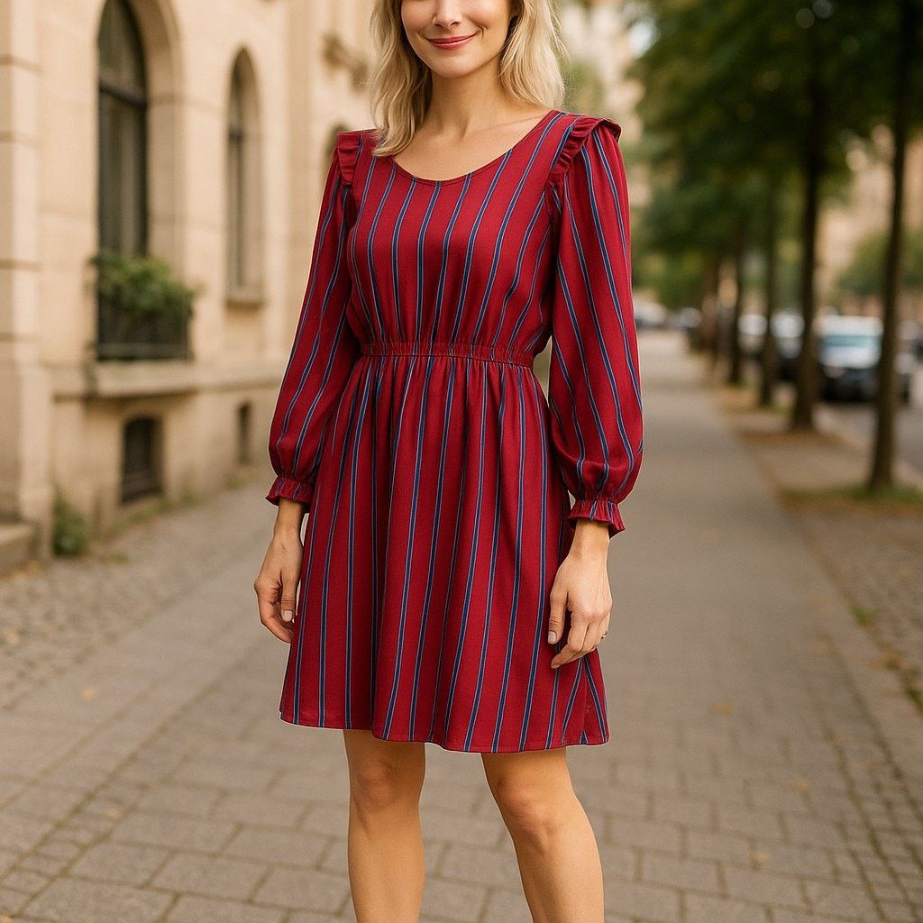 Forever 21 Forever 21 Vintage Look Burgundy Blue Striped Ruffle Dress M Size M / US 6-8 / IT 42-44 - 2 Thumbnail