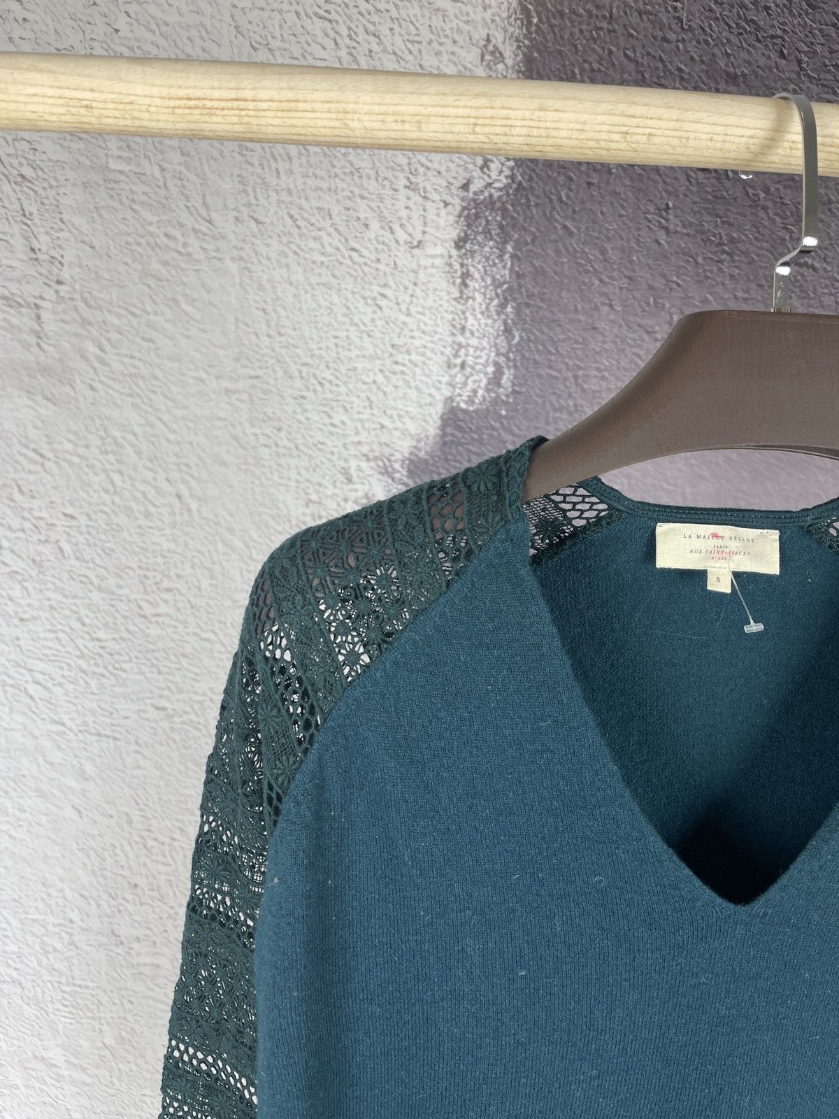 Sezane Sezane Sweater blue Green Lace Sleeves Wool Cashmere V-neck Size S / US 4 / IT 40 - 4 Thumbnail