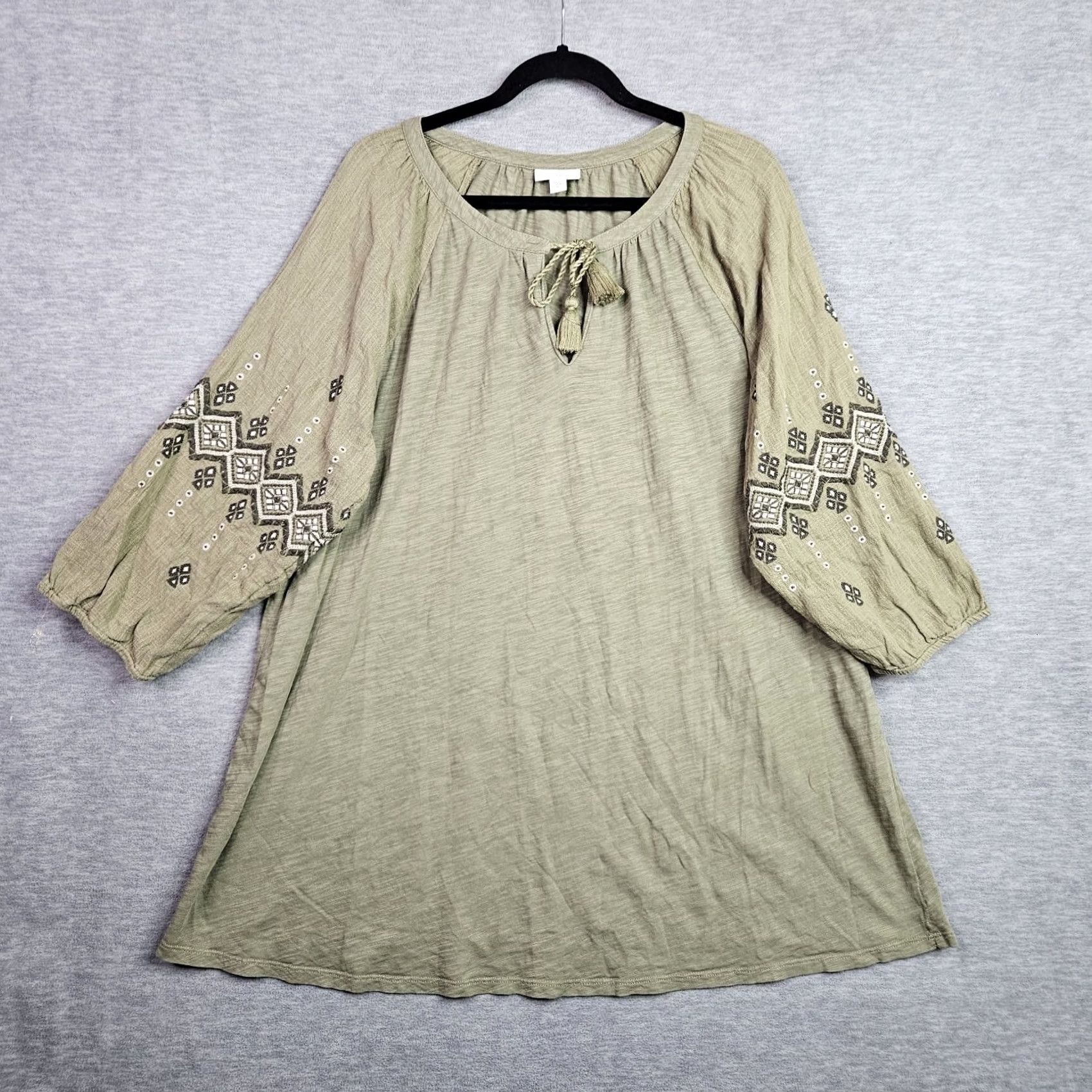 J. Jill J.Jill Women's Blouse Shirt V-Neck 3/4 Sleeve Embroidered Sage Green 100% Cotton XL Size XL / US 12-14 / IT 48-50 - 2 Thumbnail