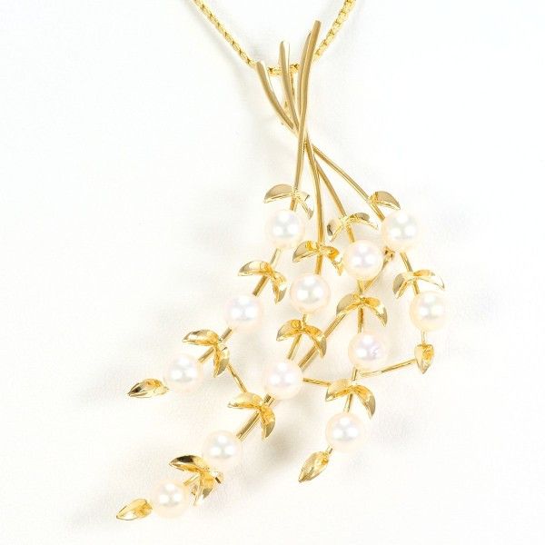 Luxuness Au750 Necklace Brooch 2Way Akoya Pearl Jewelry Crocodile Skin Necklace in Gold, Women's