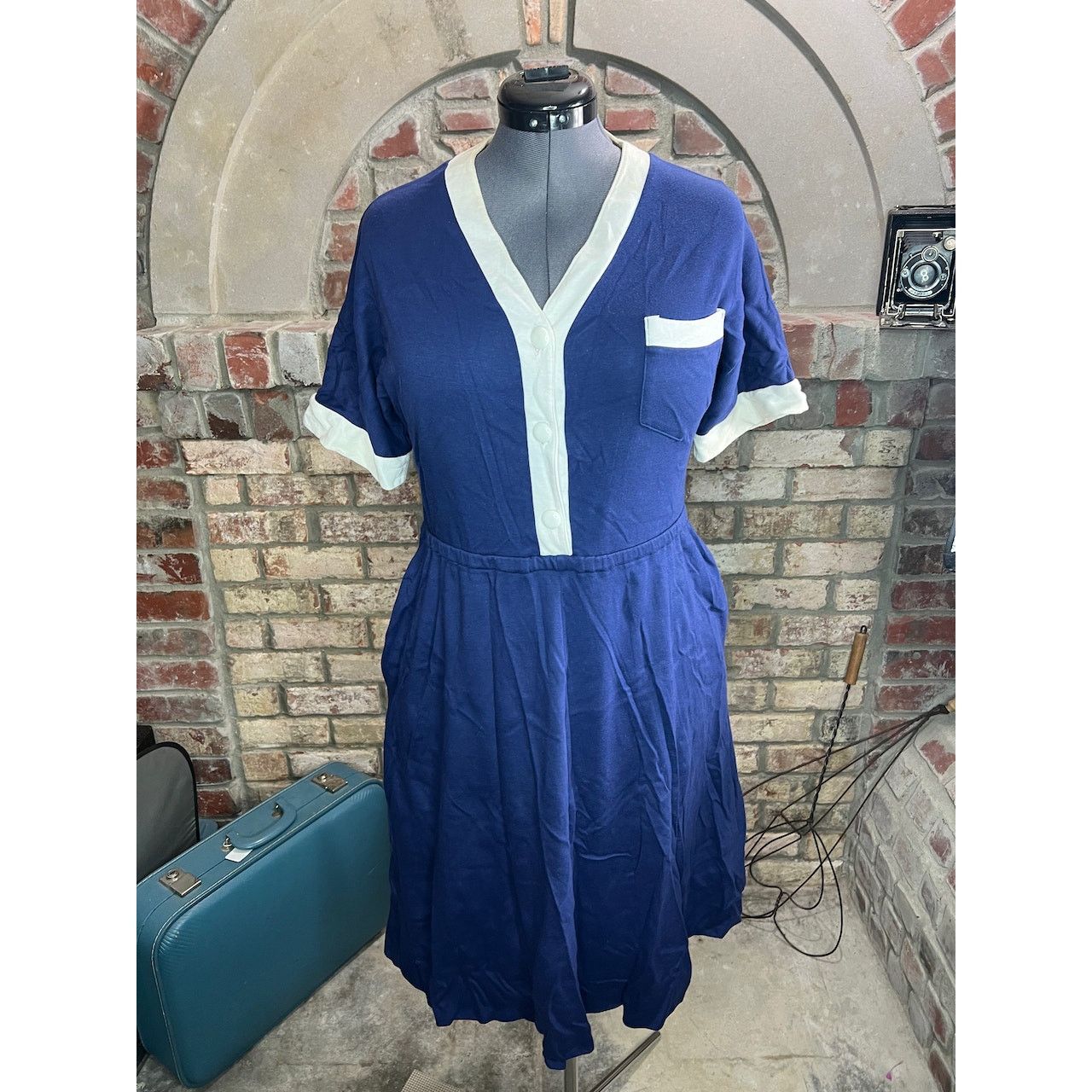 Vintage dress knit swing skirt pockets navy blue white casual Size M / US 6-8 / IT 42-44 - 1 Thumbnail