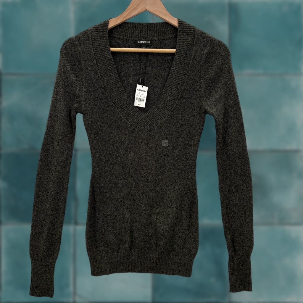 Express Express Sweater Womens Small Gray Green Deep V Neck Long Sleeve Knit Pullover Size S / US 4 / IT 40 - 1 Thumbnail