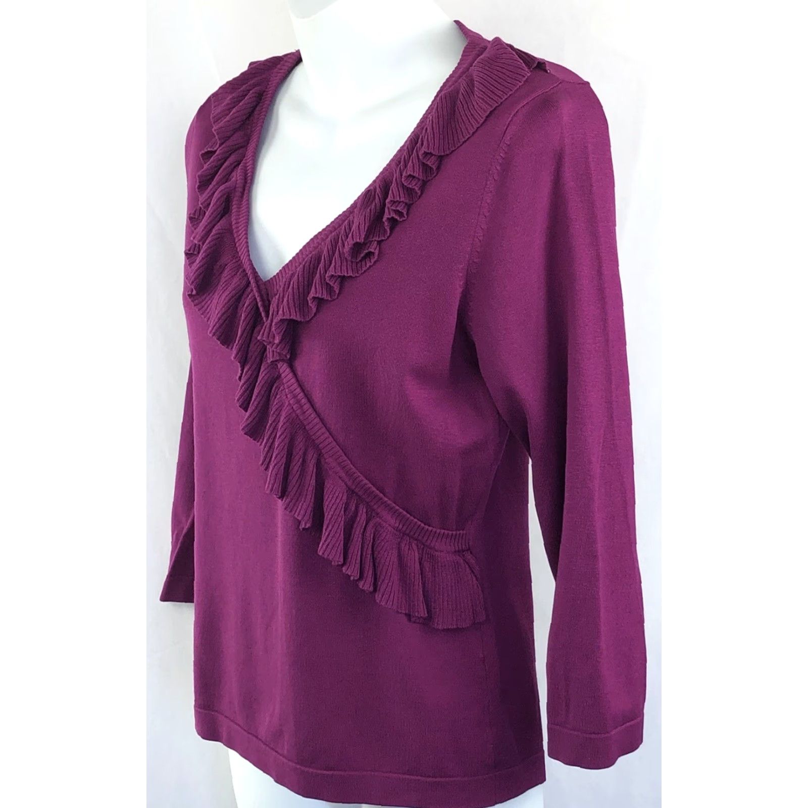 Vintage August Silk V-Neck Purple Knit Sweater 3/4 Sleeve M Womens Pullover Casual Workwear Rainbow Ruffle Classic Y2K Size M / US 6-8 / IT 42-44 - 3 Thumbnail
