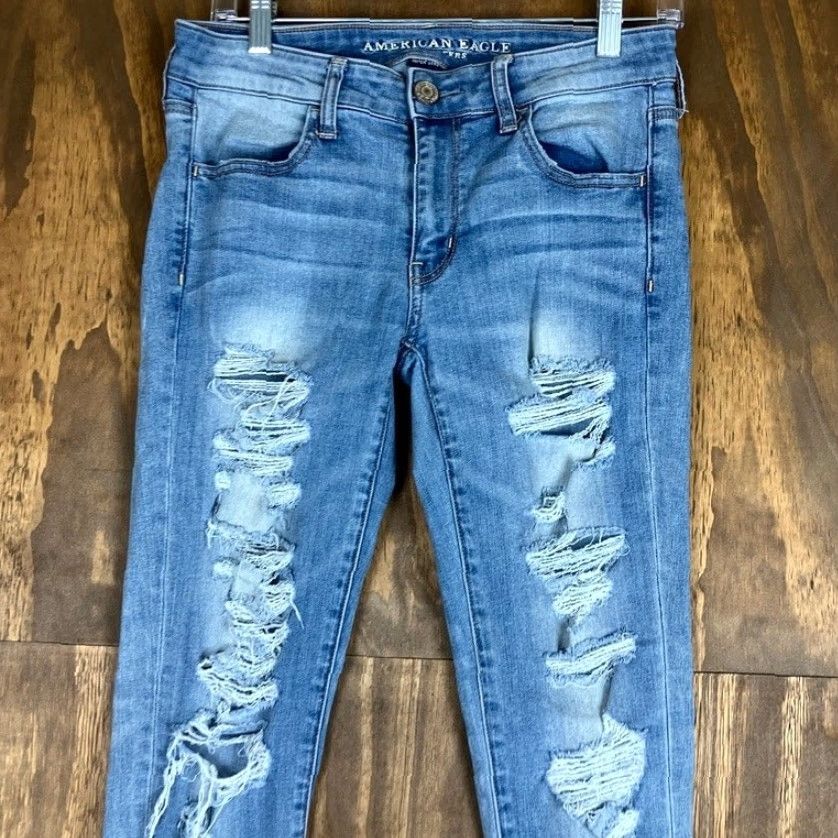 American Eagle Outfitters VINTAGE American Eagle Womens Jeans Blue Denim Mid Rise Jegging Distressed Stretch 6 Size 29" - 2 Thumbnail