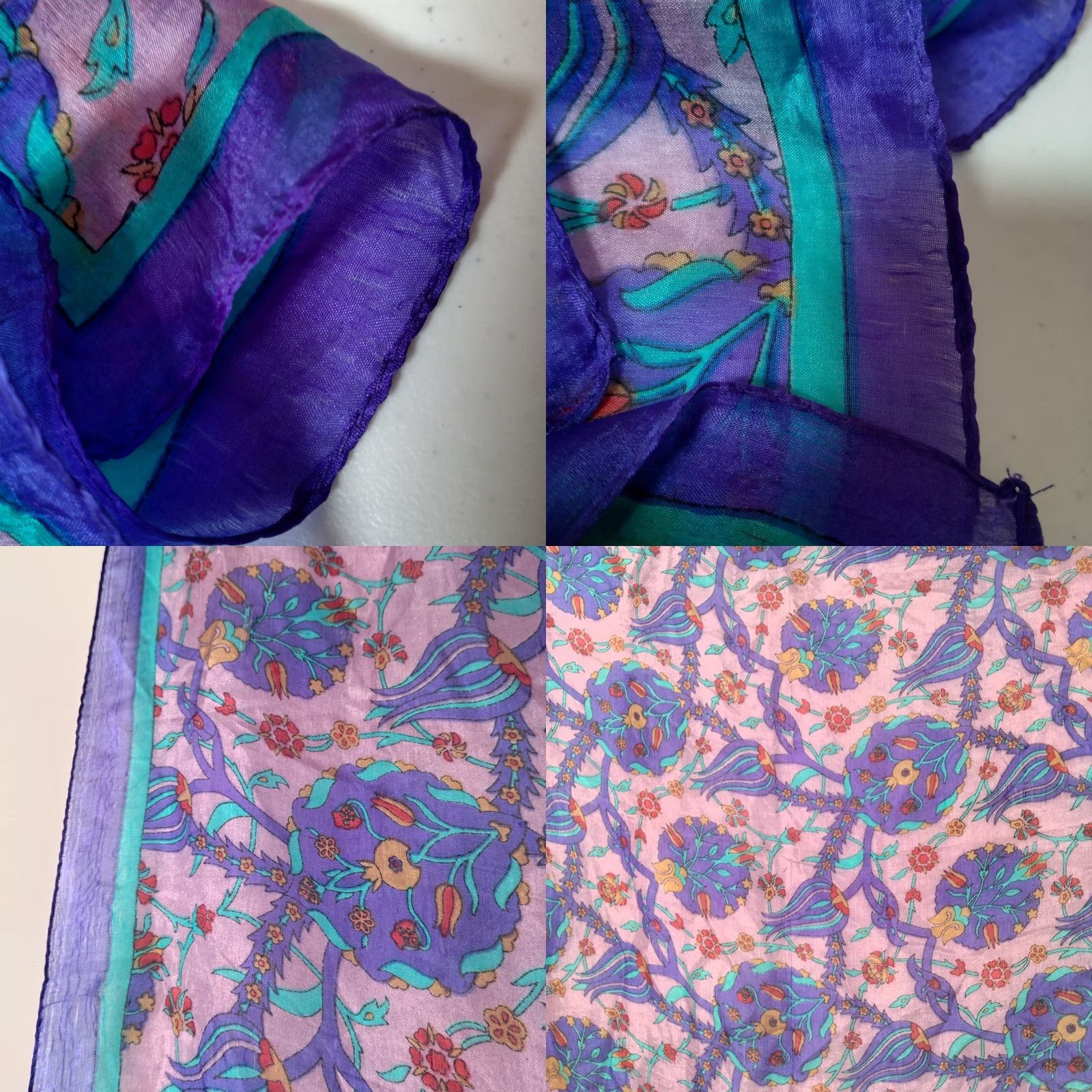 Vintage VINTAGE Scarf Purple Blue Gold Floral Medallion Rectangle Distressed Silk 18.5x67" READ Womens Size ONE SIZE - 9 Thumbnail
