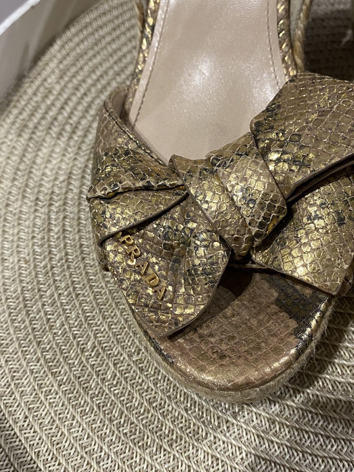 Prada Prada Bow Sandals with Ankle Strap Gold Snakeskin Leather Size US 11 / IT 41 - 2 Thumbnail