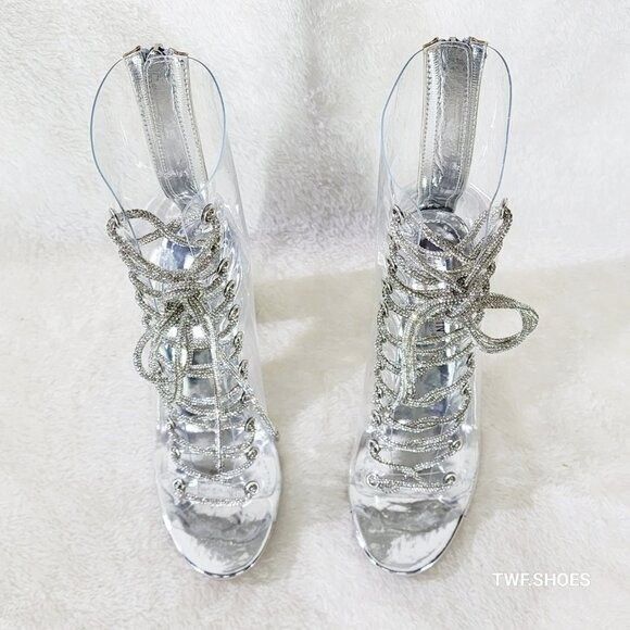 Other See Me Silver Rhinestone Laces Heels Clear Upper Open Toe An Size US 9 / IT 39 - 4 Thumbnail