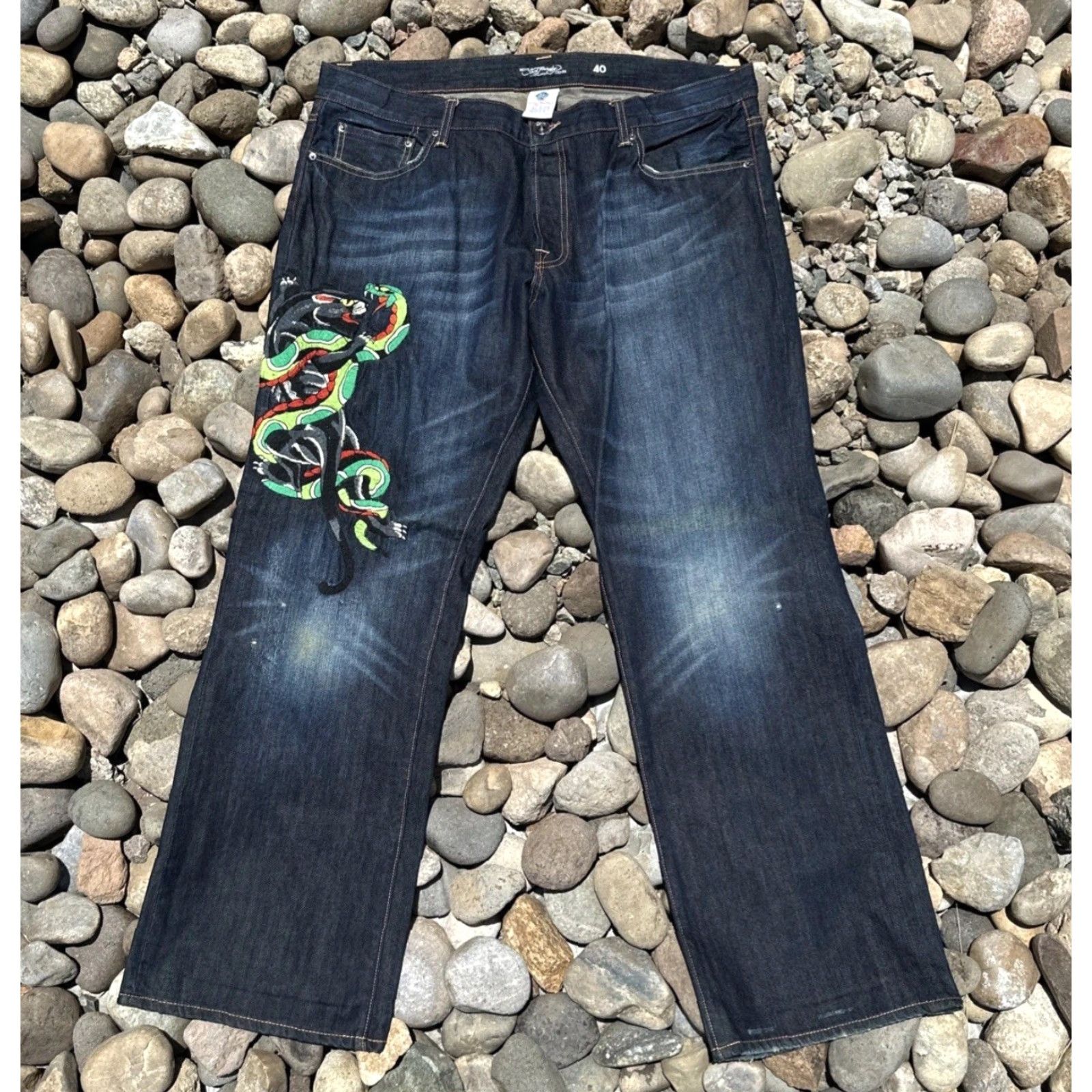 Ed Hardy VINTAGE Ed Hardy Denim Blue Jeans Mens 40x34 Embroidered Snake Tiger Tattoo Art Hipster Straight 2007 Size US 40 / EU 56 - 2 Thumbnail