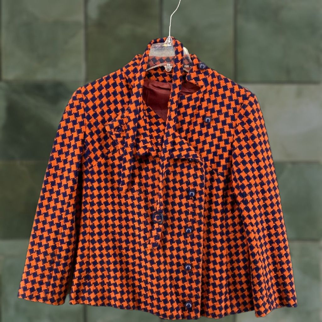 Vintage 60s Jacket Wool Knit Orange and Black Houndstooth Womens Medium Size M / US 6-8 / IT 42-44 - 1 Thumbnail