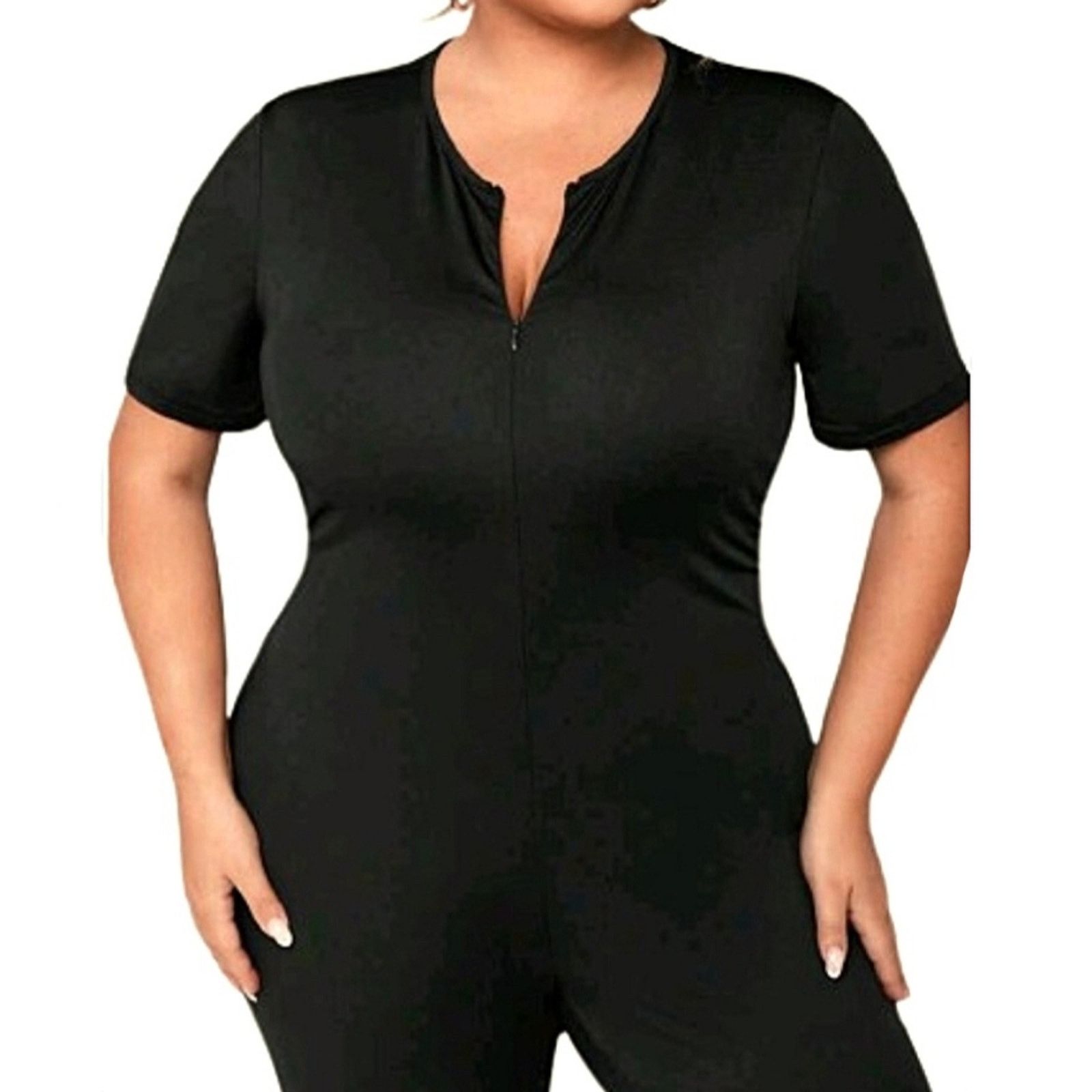 Shein MIDNITE BLACK ☆ ZIP NECK SHORT SLEEVE ☆ CATSUIT ☆ 30w ☆ NWT Size 42" / US 20 - 4 Thumbnail
