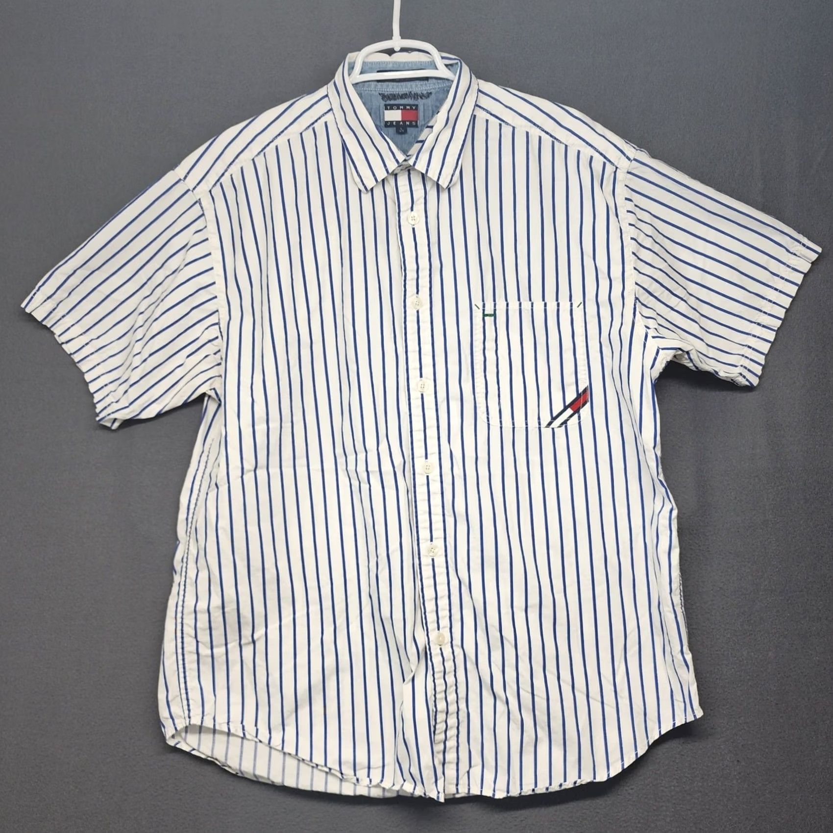 Vintage VINTAGE Tommy Jeans Shirt Men Large Blue Stripe Short Sleeve Button Up Flag Logo Y2K 90s Classic Size US L / EU 52-54 / 3 - 2 Thumbnail