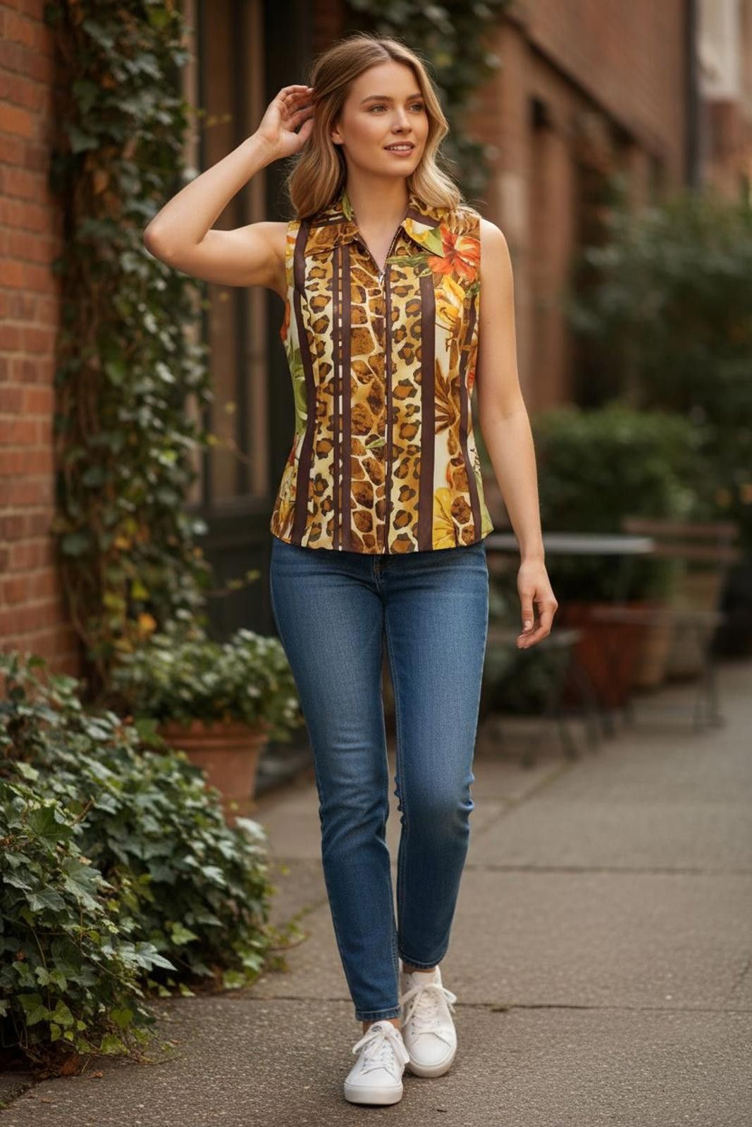Other Vintage Silkland Sleeveless Zip-Up Top w/Animal/Floral Print Size M / US 6-8 / IT 42-44 - 1 Thumbnail