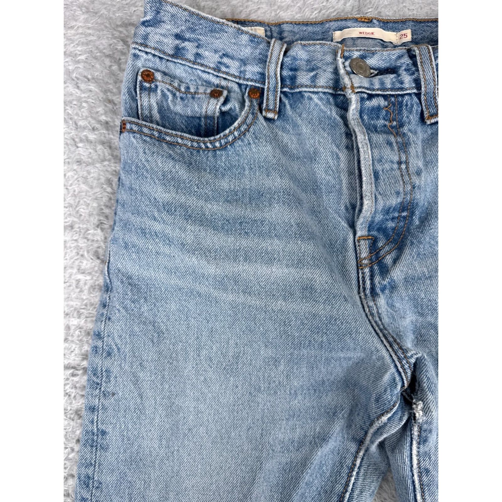 Levi's Levis Premium Jeans Womens 25 Blue Wedgie Raw Hem Button Fly Cotton 25x27 Big E Size 42" / US 20 - 3 Thumbnail