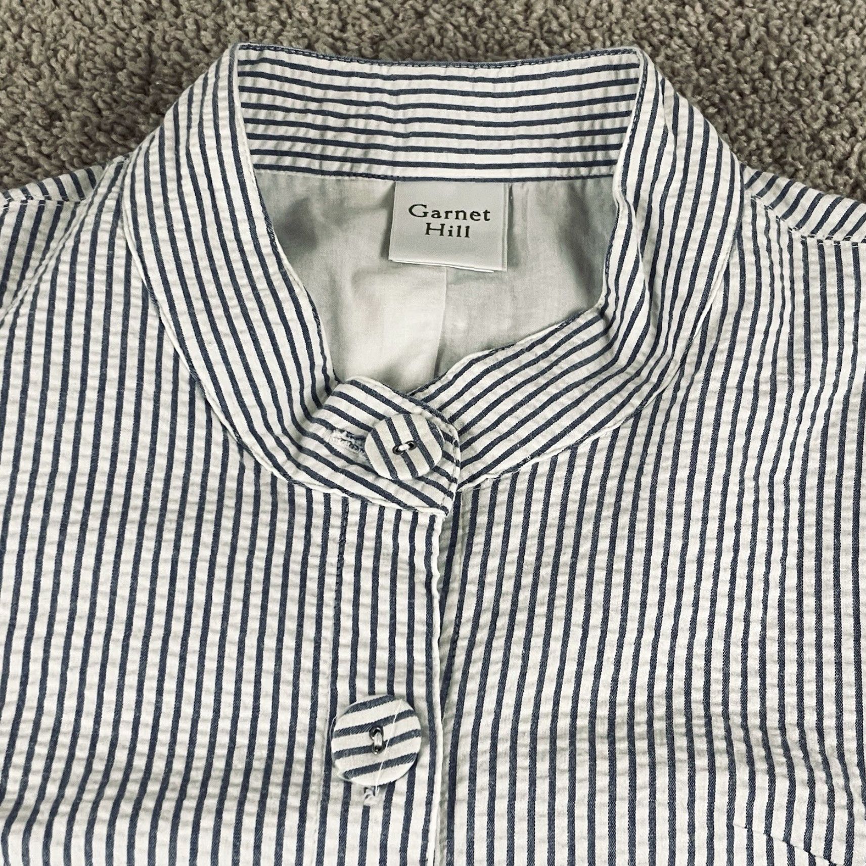 Vintage VINTAGE Garnet Hill Jacket Blazer Women’s 18 Seersucker Striped Cotton Blue White F509 Size XXL / US 16-18 / IT 52-54 - 2 Thumbnail