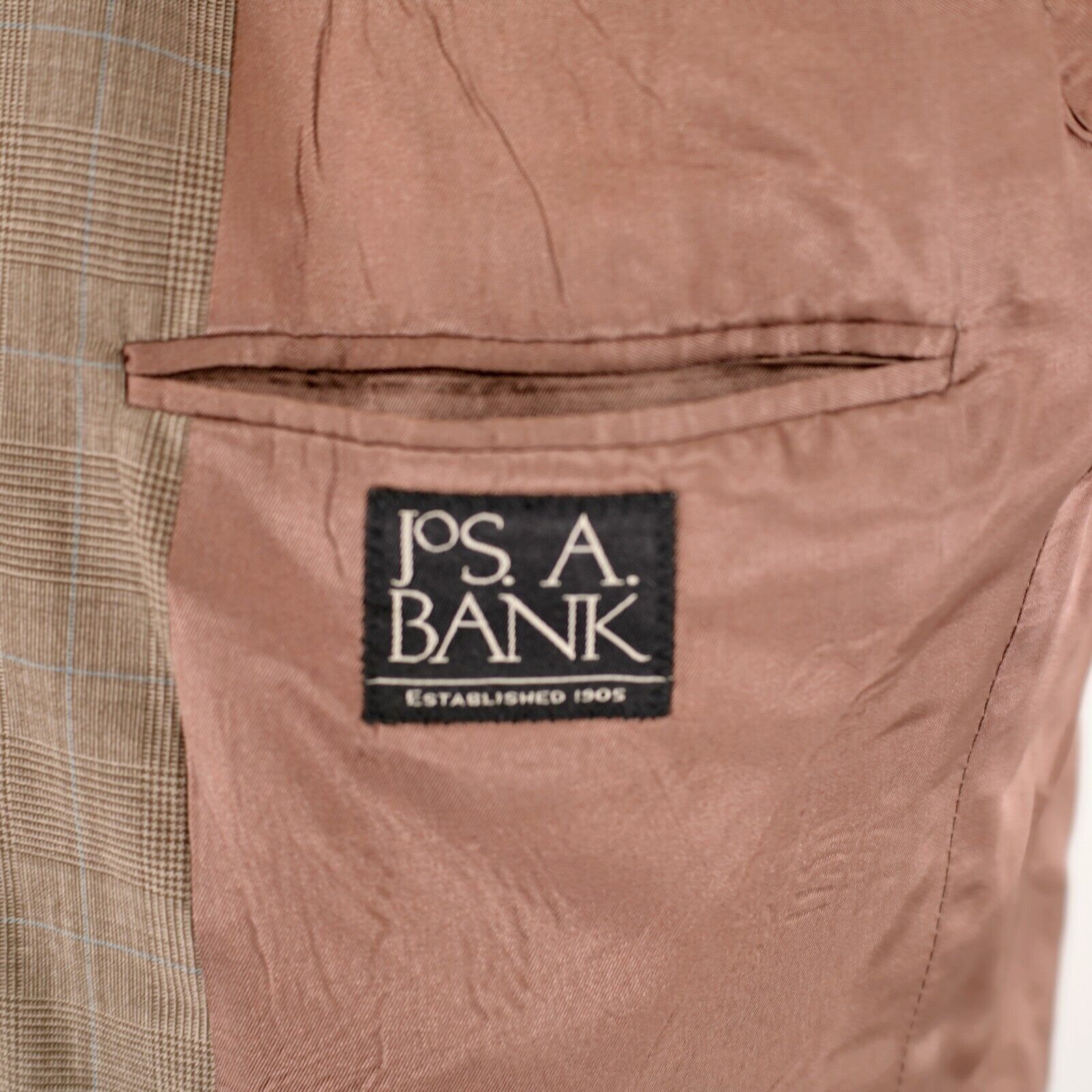 Jos. A. Bank DAMAGED Jos A Bank Wool Tan Glen Plaid Blue Windowpane Blaze Size 44R - 10 Thumbnail