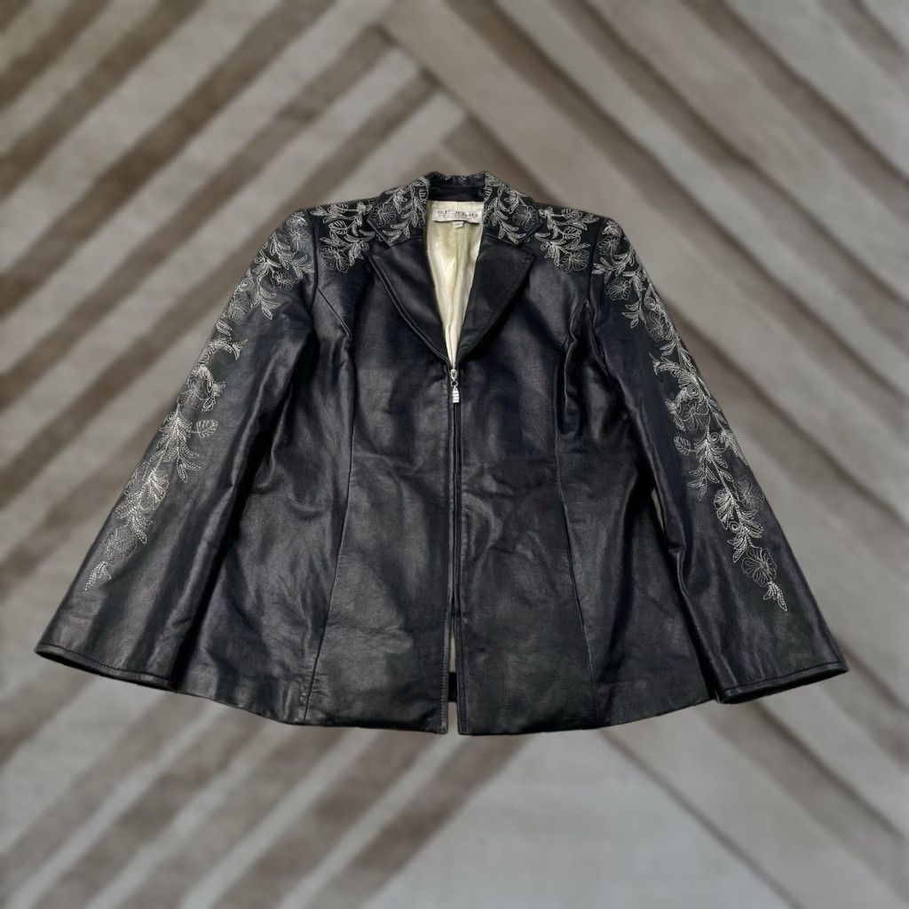St. John Collection Leather Zip Jacket Navy Floral Embroidery Women’s Size 4