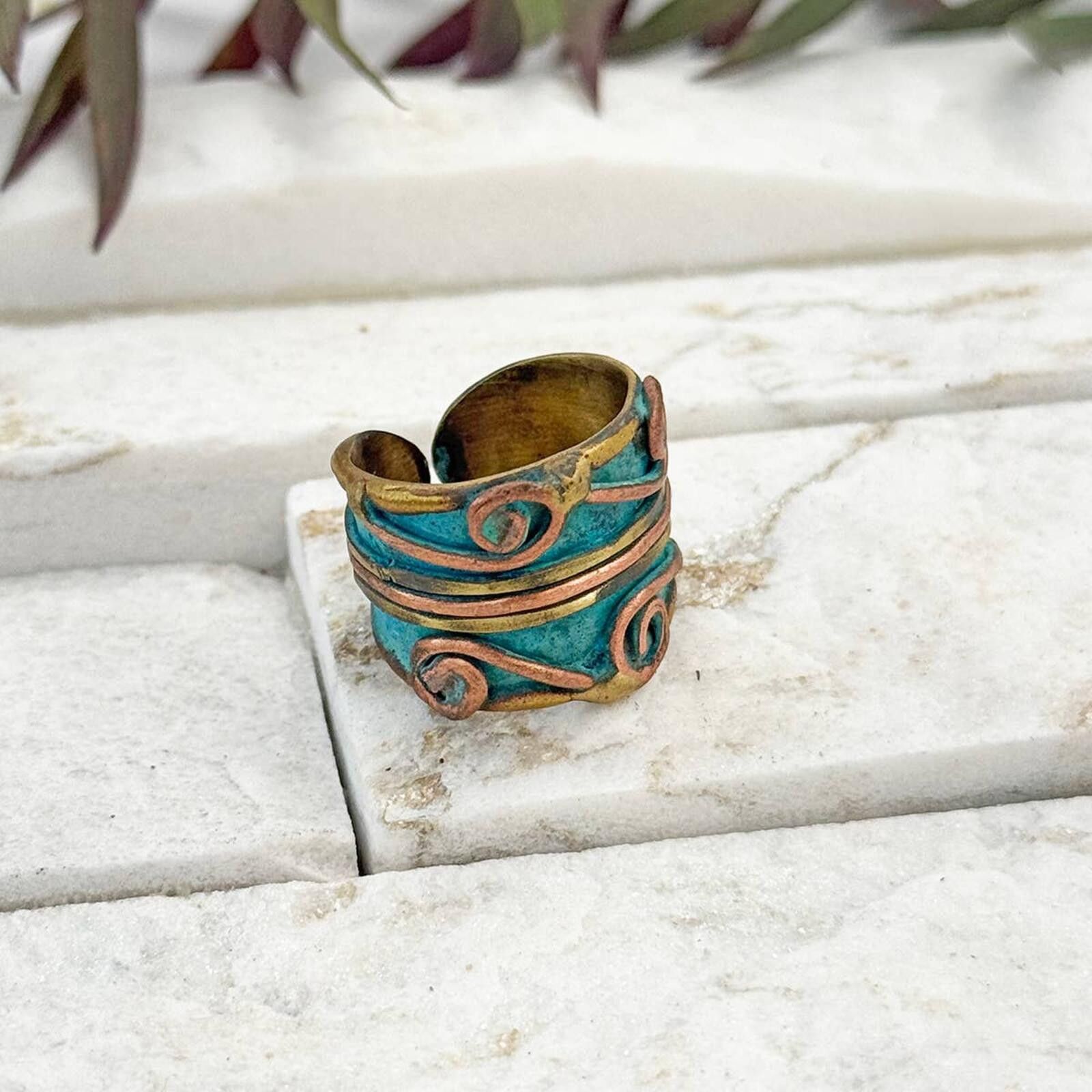 Other Handcrafted Turquoise & Copper Scrollwork Brass Patina Ring Size ONE SIZE - 2 Thumbnail