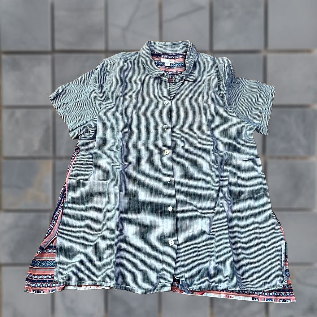J. Jill J.Jill Shirt Womens Medium Floral Back Striped Linen Cotton Short Sleeve Boho Blue Button-Up Shirts M Womens Size M / US 6-8 / IT 42-44 - 1 Thumbnail