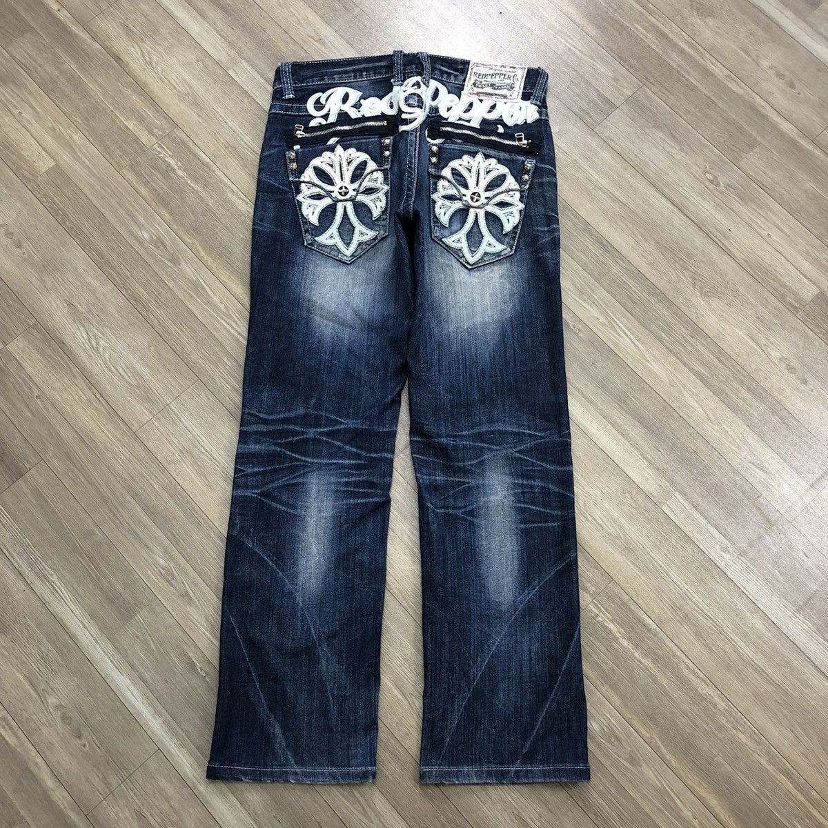 If Six Was Nine × Le Grande Bleu (L.G.B.) × Tornado Mart Y2K Red Pepper Distressed Embroidered Faded Denim Pants Size US 33 - 1 Thumbnail