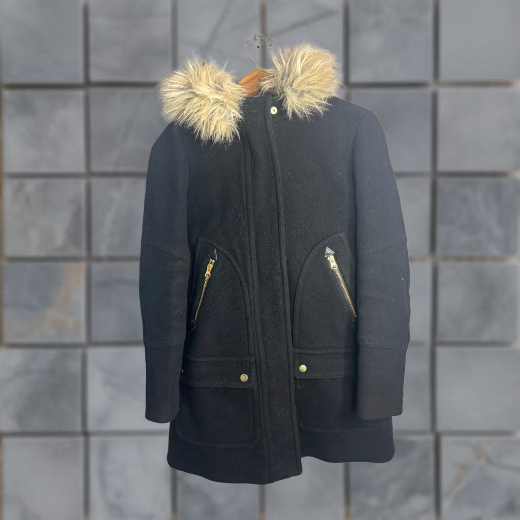J.Crew J.CREW Womens Coat Parka Wool Faux Fur Hooded Black 00 Classic Make Italian Theme Nello Gori 4451 Size XXS / US 00 / IT 34 - 1 Thumbnail