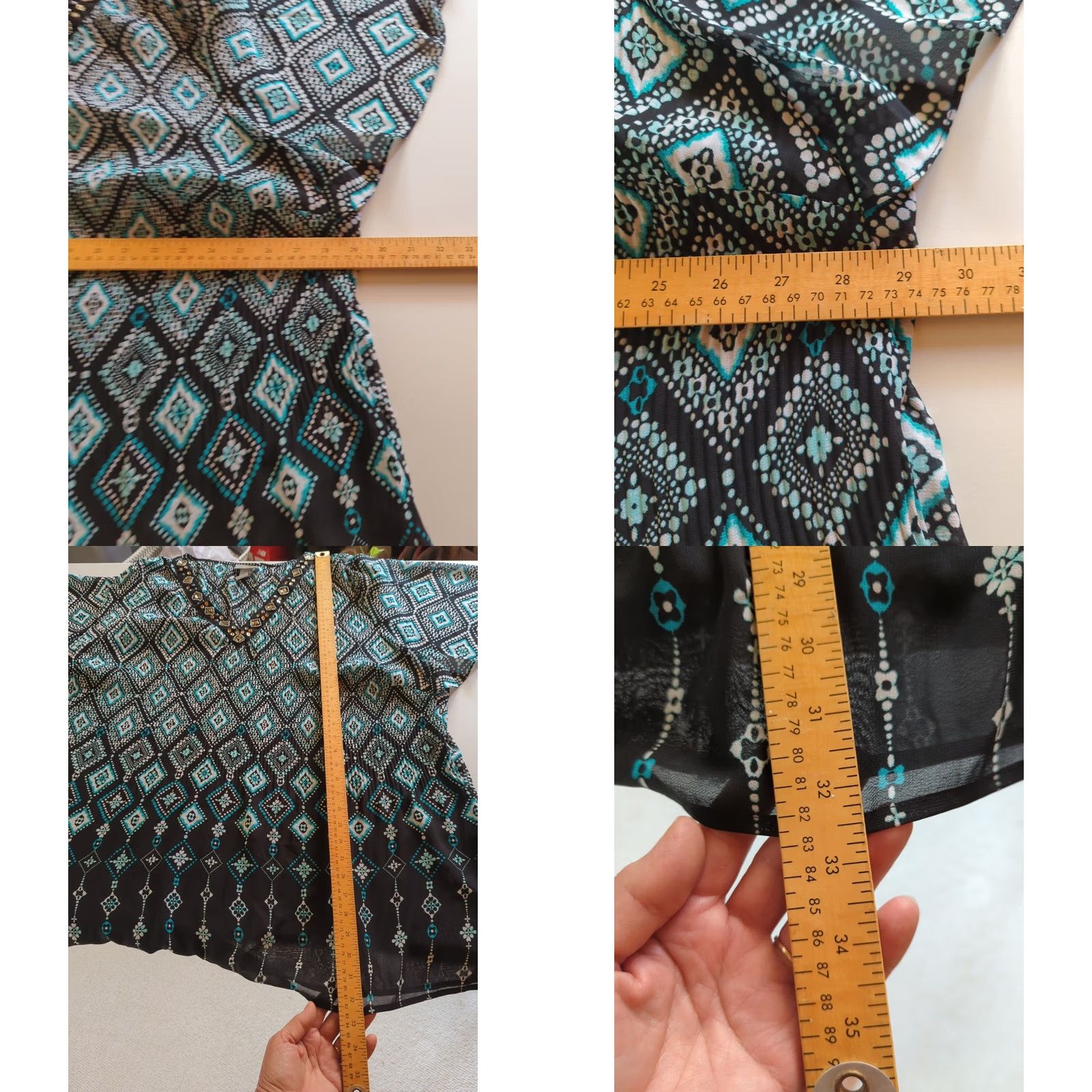 Vintage Catherines Blouse Blue Aqua V-Neck 3/4 Flutter Sleeve Pleated Bling 28W Plus Tunic Womens Size 4XL / US 24-26 - 8 Thumbnail