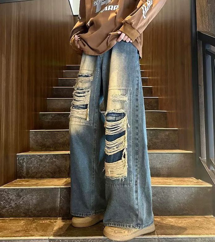 Japanese Brand Men's American retro loose wide-leg straight ripped jeans Size US 32 / EU 48 - 1 Thumbnail