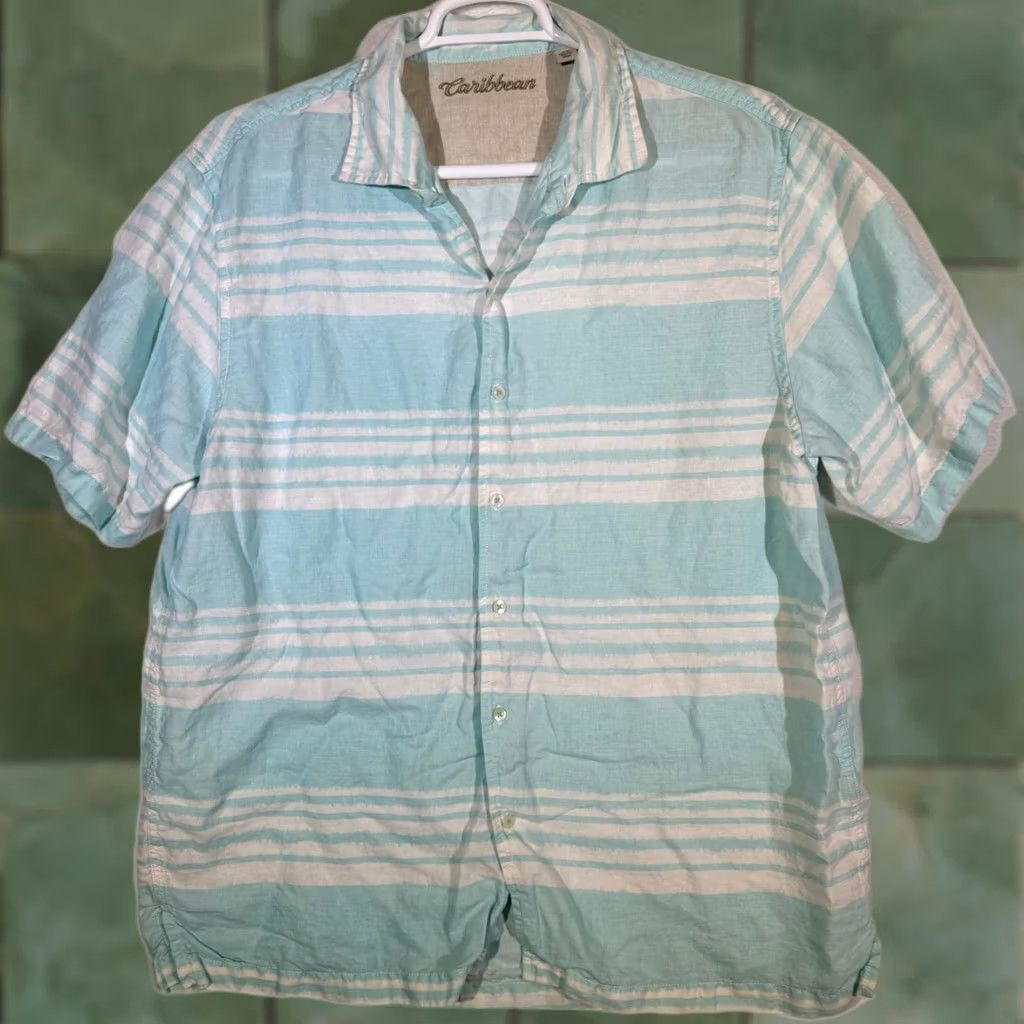 Vintage Caribbean XL Light Blue Striped Linen Hawaiian Shirt – 100% Linen, Button-Up, Short Sleeve, Casual Beachwear, Men’s Size US XL / EU 56 / 4 - 1 Thumbnail