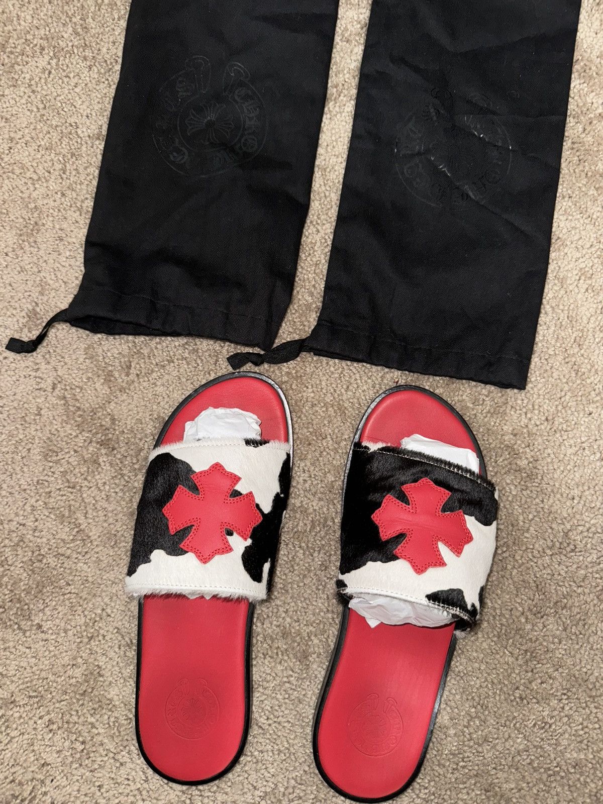 Chrome Hearts Chrome Hearts Red Plus Patch Horsehair Cow Slide Slippers Size US 10.5 / EU 43-44 - 1 Thumbnail