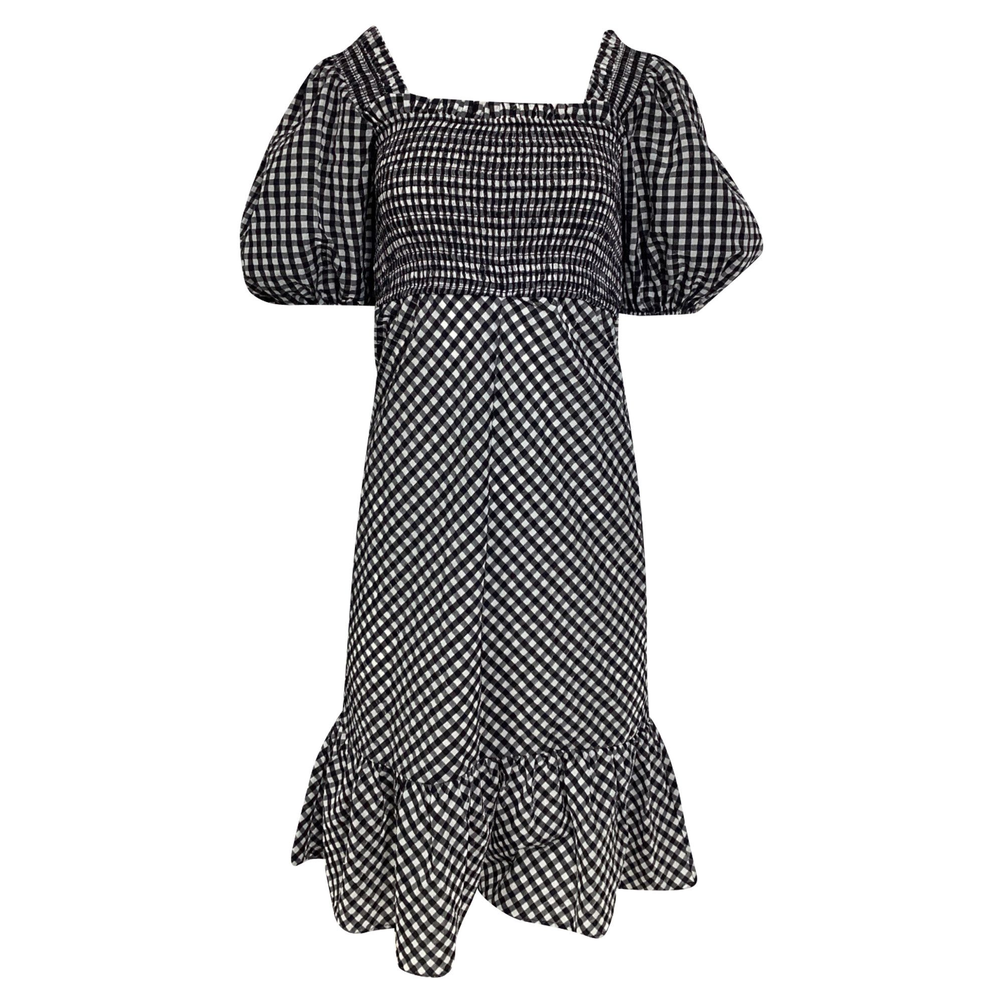 Ganni Ganni Gingham Puffed Sleeve Midi Dress in Black Cotton Size XS / US 0-2 / IT 36-38 - 1 Thumbnail