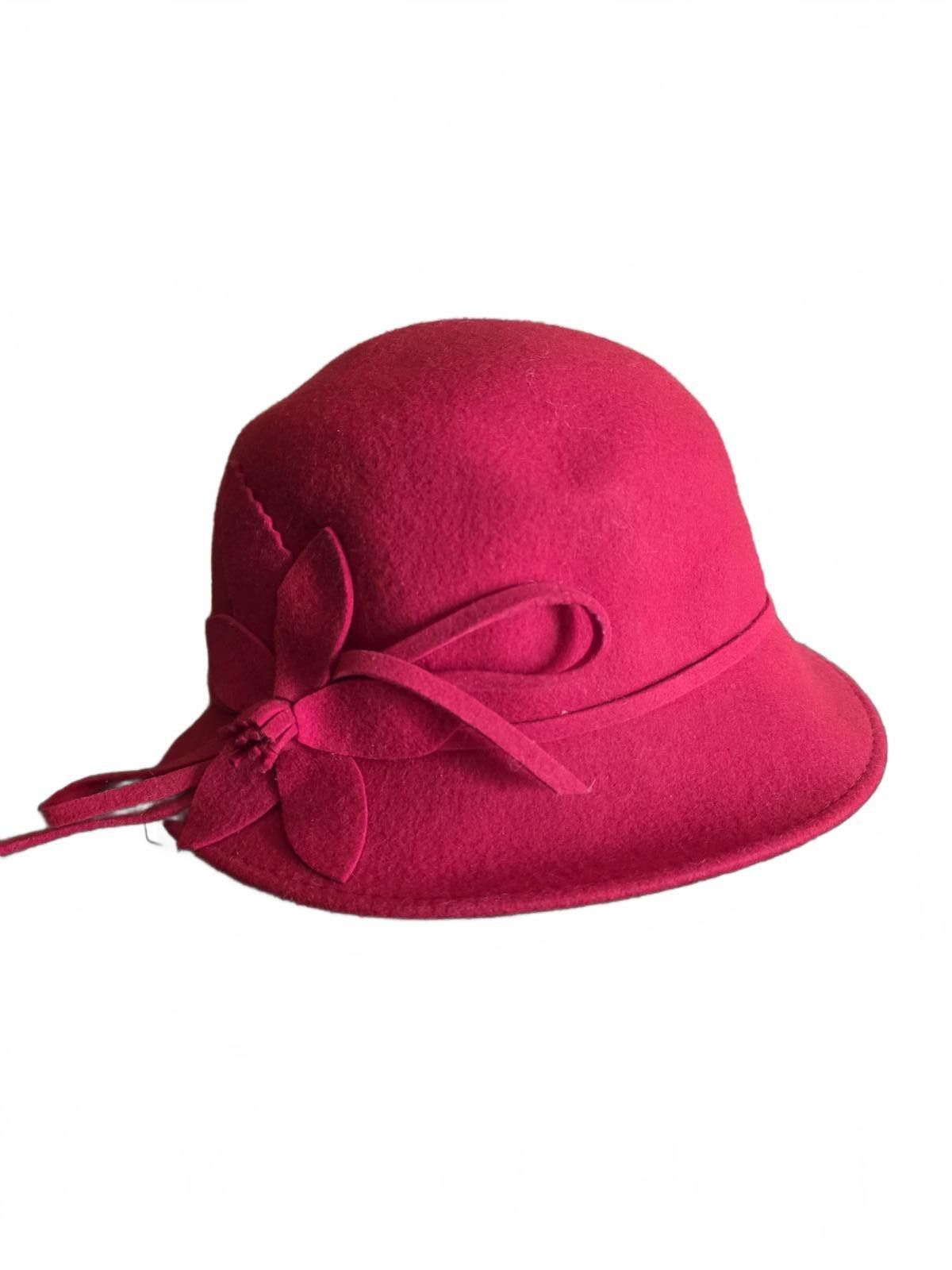 Other Elegant Red Wool Cloche Hat with Floral Accent Size One Size ONE SIZE - 4 Thumbnail