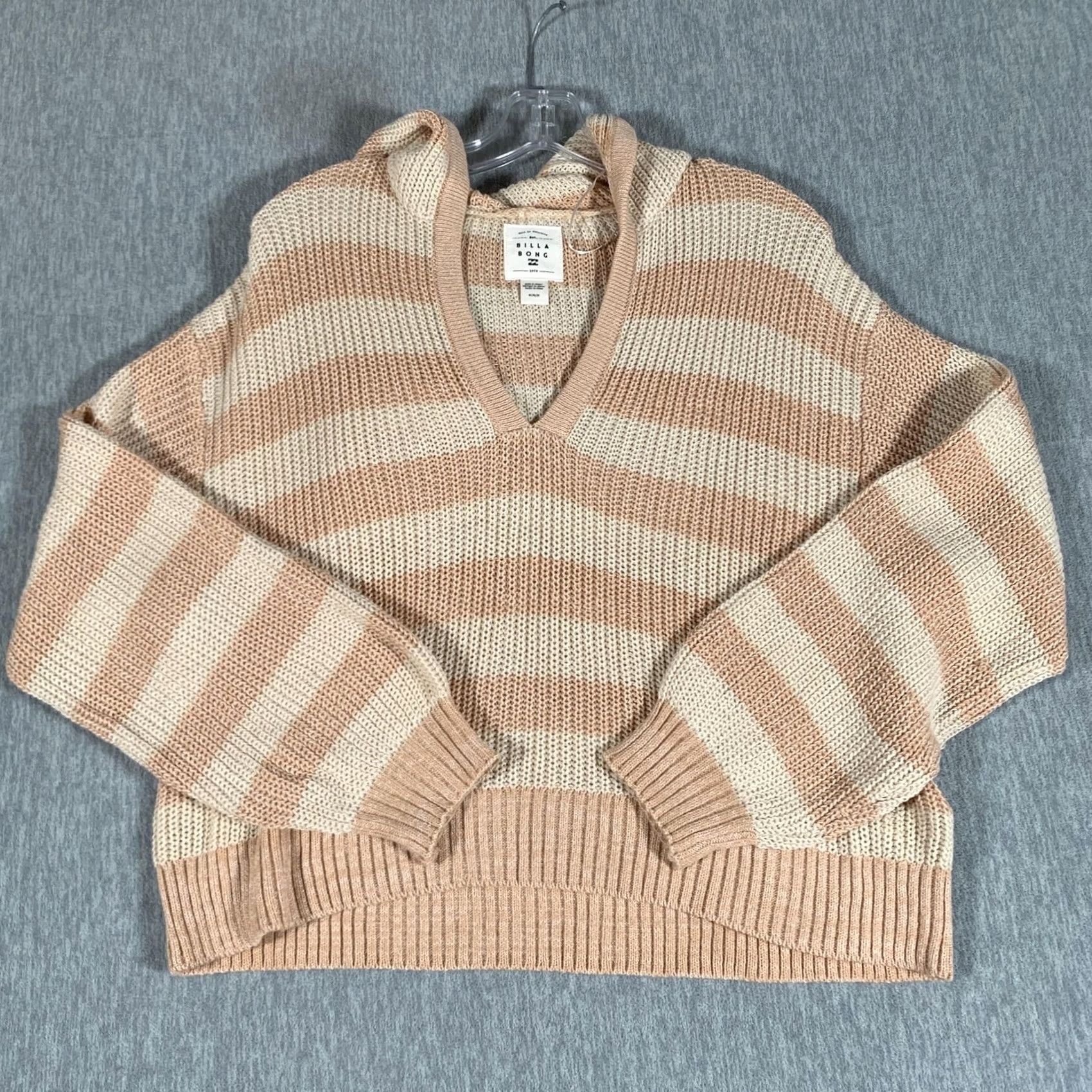 Billabong Billabong Sweater Womens Medium Beige Striped Hooded V-Neck Pullover Casual Size M / US 6-8 / IT 42-44 - 2 Thumbnail