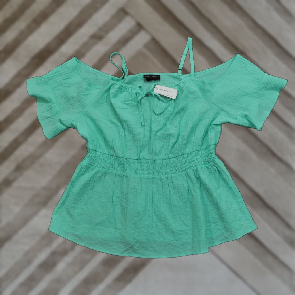 Vintage Lane Bryant Top Womens 18 Green Shirt Cold Shoulder Smock Waist Blouse Sleeveless Collared Button Non-Iron Casual Size XXL / US 16-18 / IT 52-54 - 1 Thumbnail