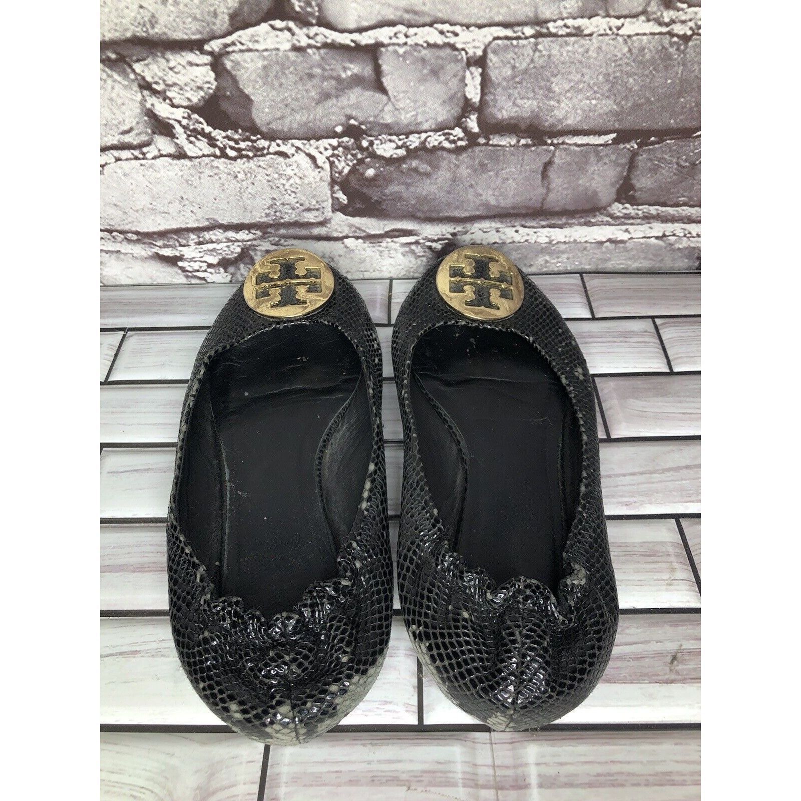 Tory Burch Tory Burch Reva Gold Logo Black Leather Snake Skin Ballet Fl Size US 7.5 / IT 37.5 - 5 Thumbnail