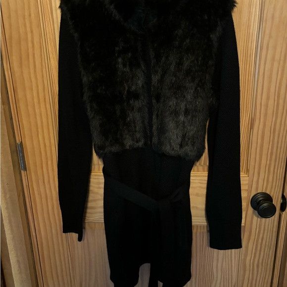 Elie Tahari T Tahari faux fur belted cardigan black wool blend large Size L / US 10 / IT 46 - 9 Thumbnail