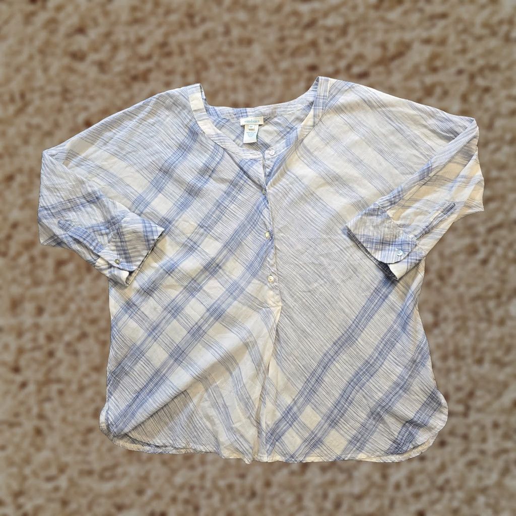 Vintage Sundance Top Womens Size Small Petite White Blue Plaid Popover Casual Capsule Blouse Size S / US 4 / IT 40 - 1 Thumbnail