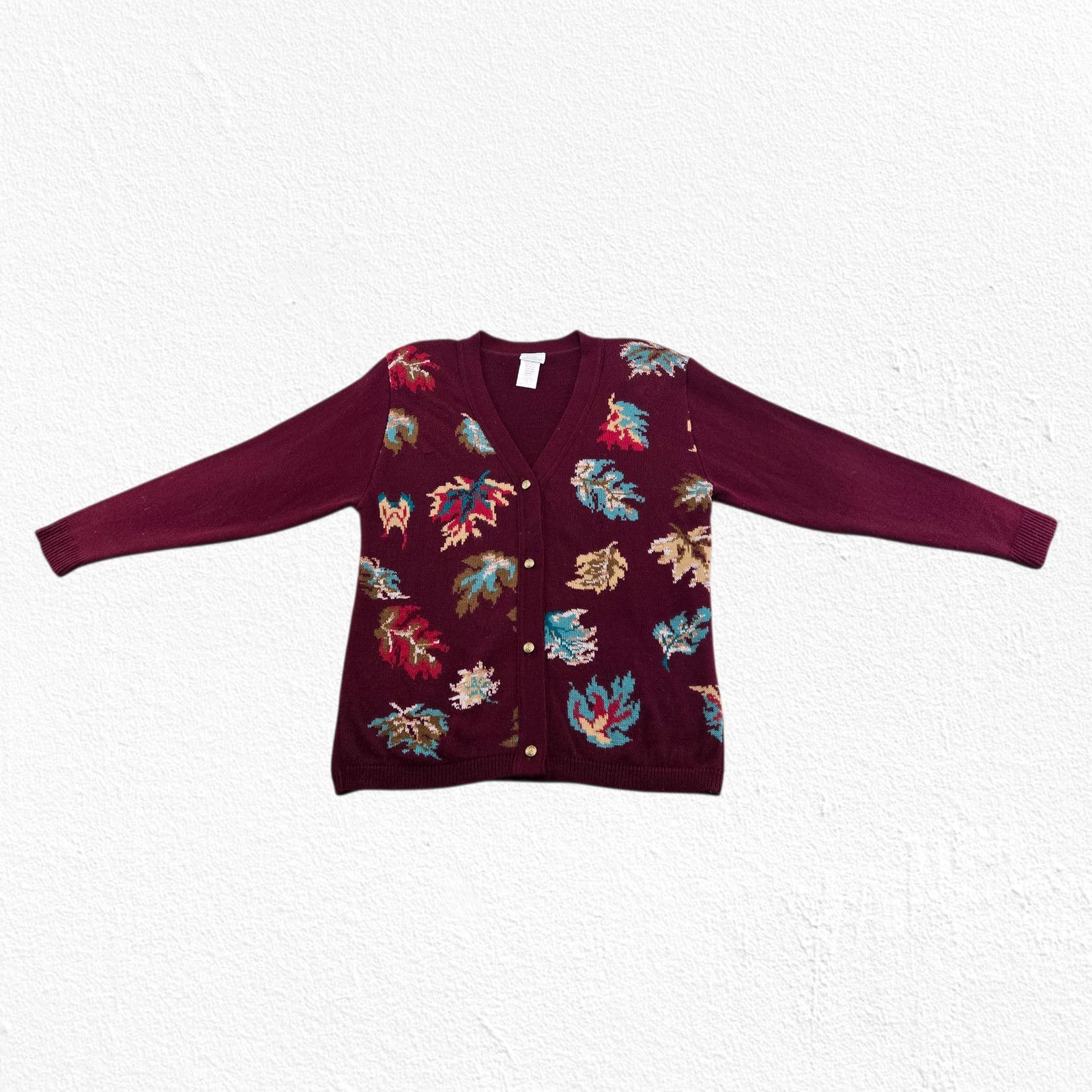 Vintage 90s Burgundy Leaf Print Cardigan USA Made Size Medium Size M / US 6-8 / IT 42-44 - 7 Thumbnail