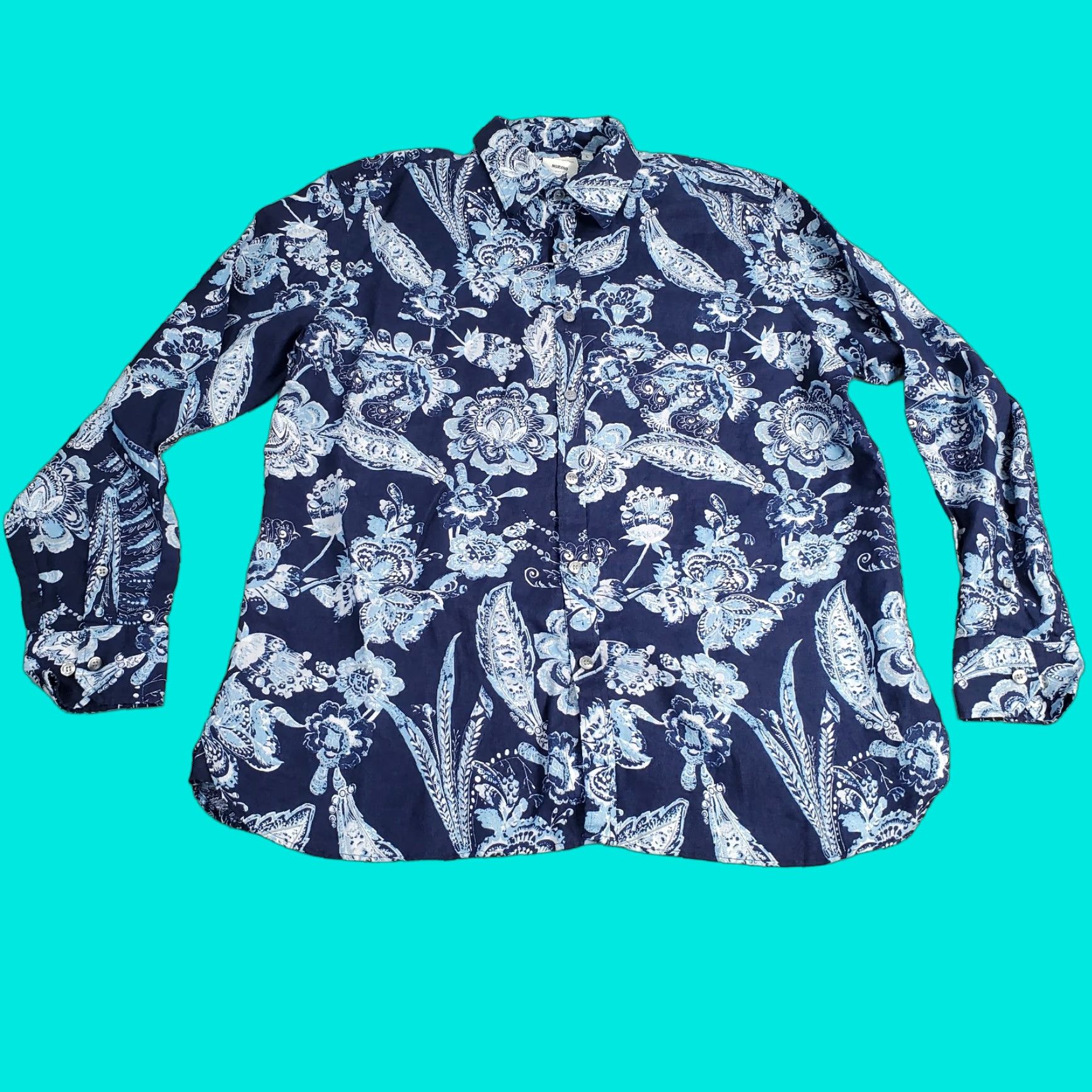 Murano Murano Shirt Mens Large Blue Paisley Button Up Long Sleeve Linen Size US L / EU 52-54 / 3 - 1 Thumbnail