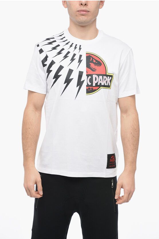 image of Jurassic Park X Nb Crew Neck Half Thunderbolt Cotton T-Shirt in White, Men's (Size 2XS)