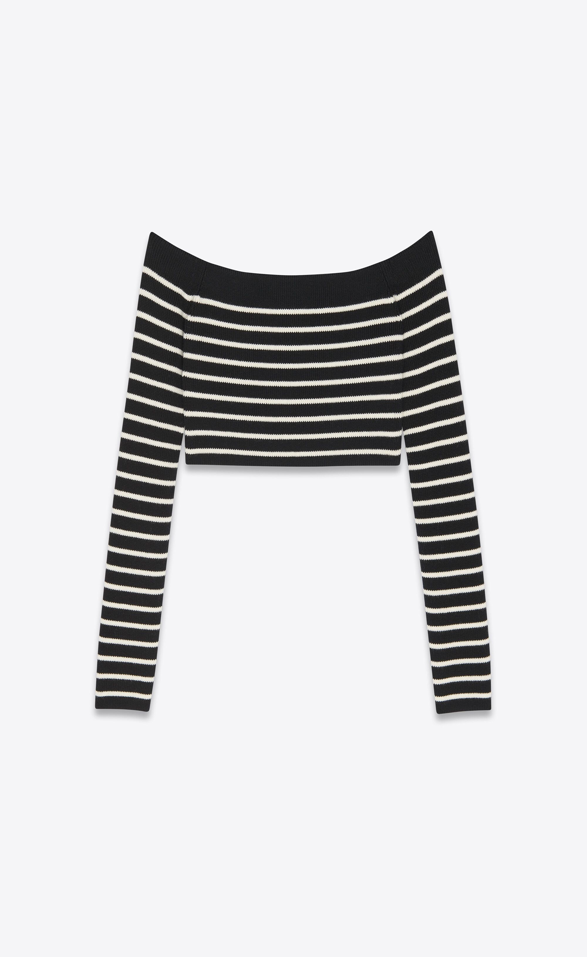 Saint Laurent Paris o1tp1o0125 Cropped Top In Stripe Wool in Black/White Size S / US 4 / IT 40 - 2 Thumbnail