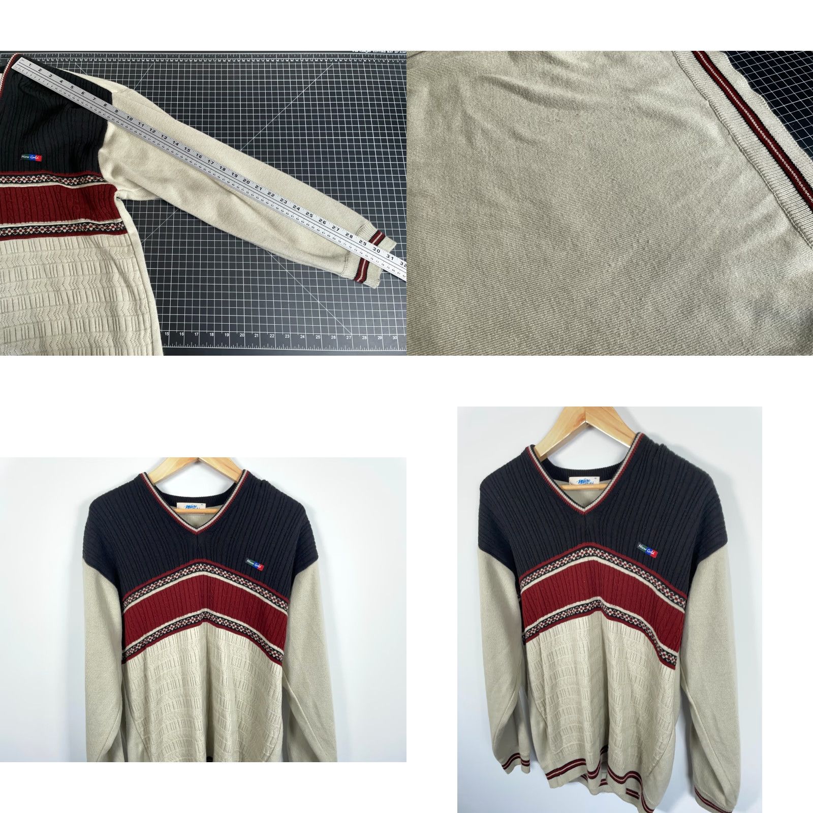 Vintage VINTAGE Micro Gold Sweater Men's 80s V-Neck Striped Knit Beig​e Red Stripe Pullover Size US L / EU 52-54 / 3 - 8 Thumbnail