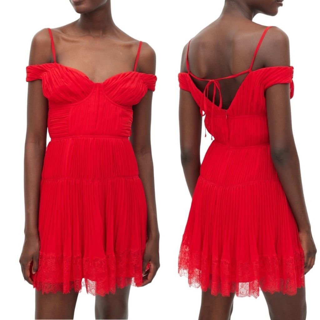 Self-Portrait NWT Self Portrait Dress Pleated Off Shoulder Lace Red Mini D  | Grailed