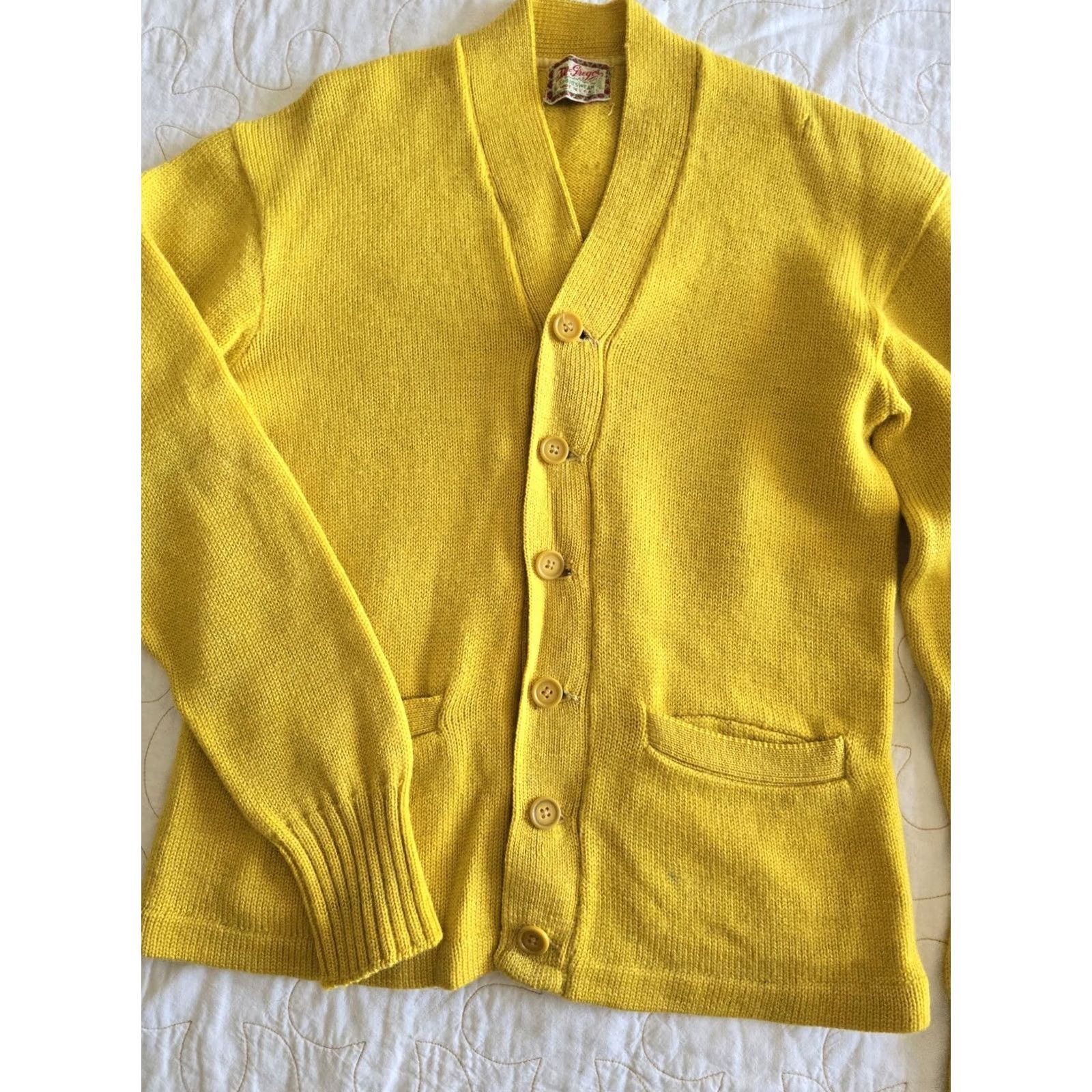 McGregor VINTAGE McGregor Cardigan Sweater Yellow Wool Pockets Long Sleeve Mens Small Small/Medium 40s 50s Practical Casual Mens Size US S / EU 44-46 / 1 - 2 Thumbnail
