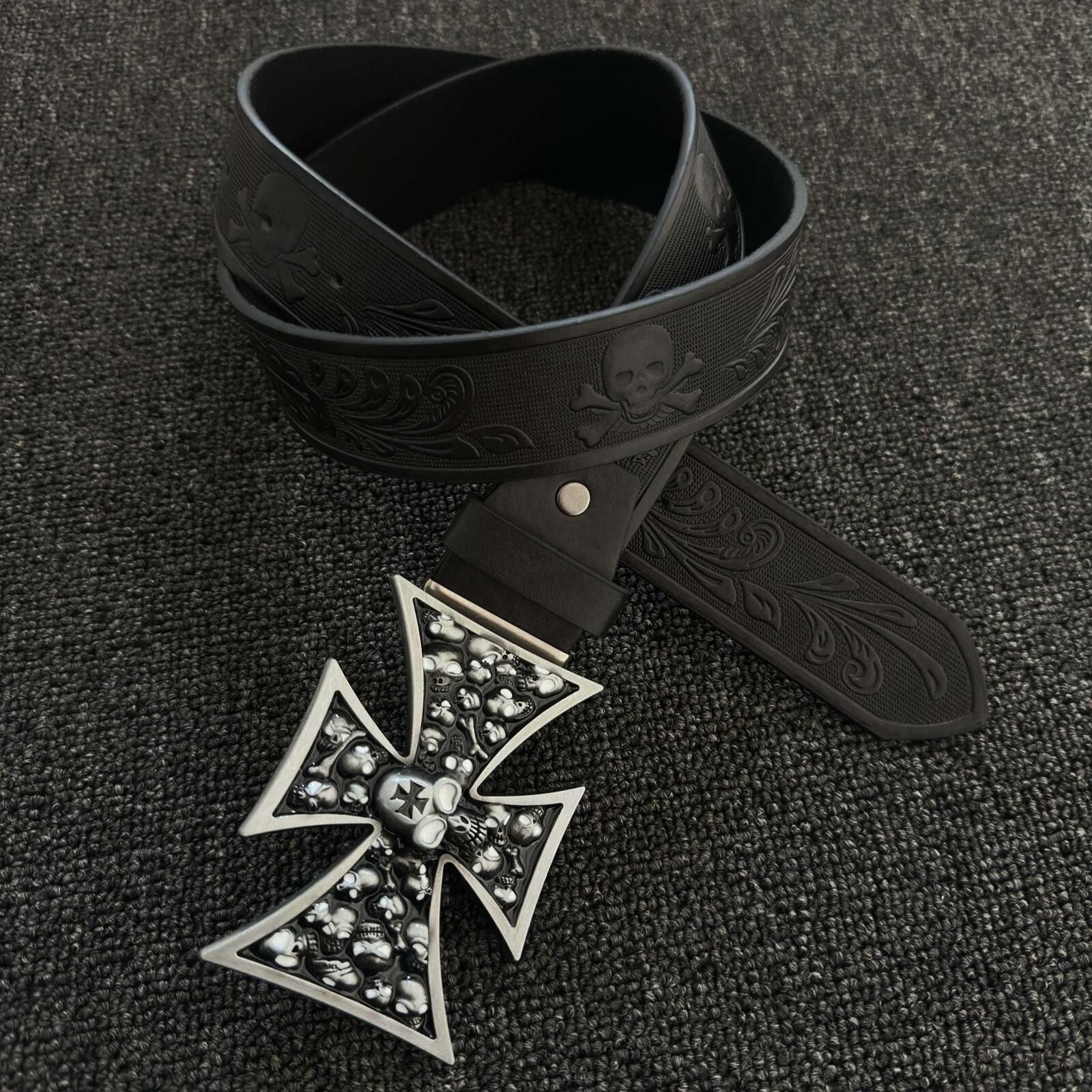 Other Iron Cross Skull Belt | Heavyweight Punk Black 120cm Size ONE SIZE - 6 Thumbnail