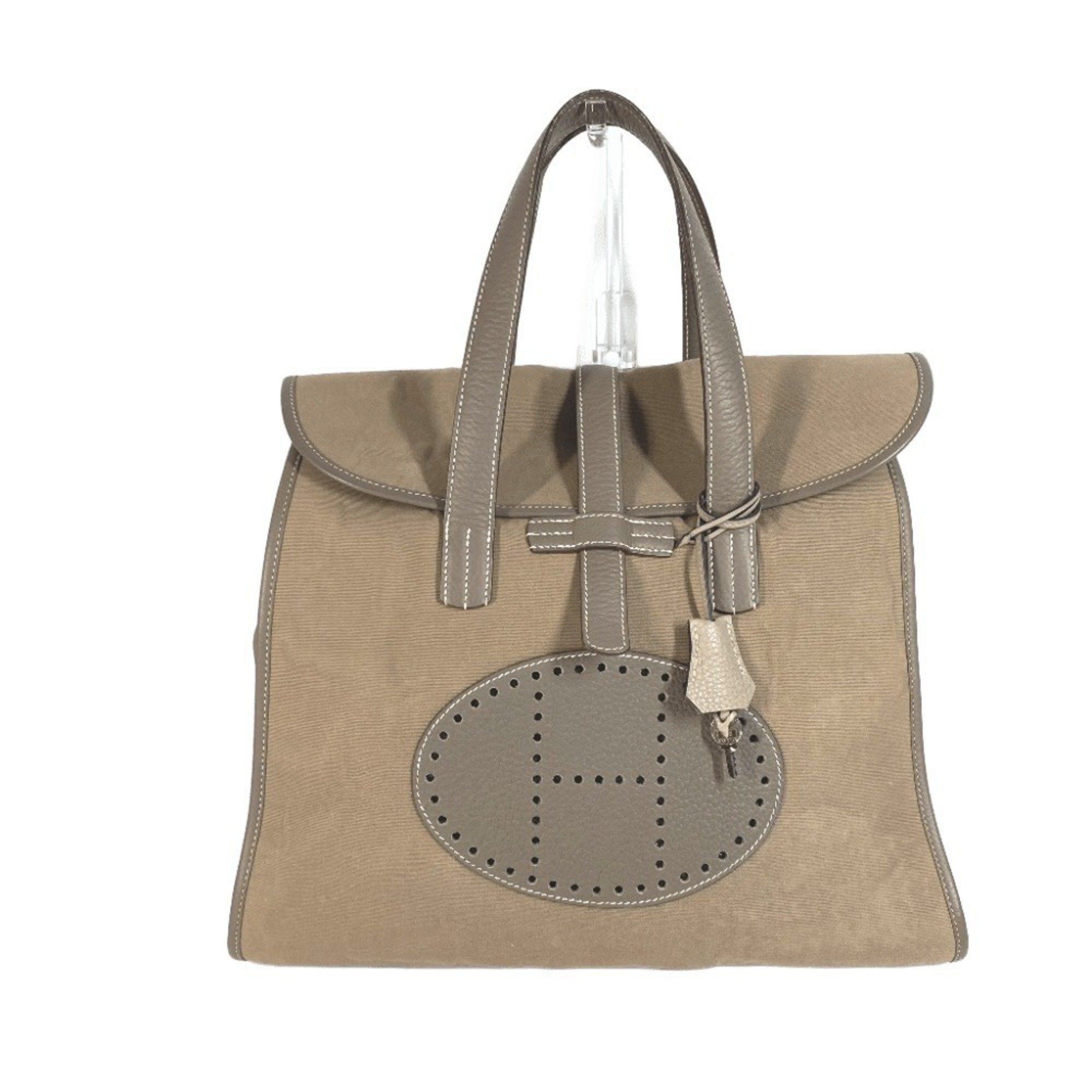 HERMES Perforated H Logo Hoodie Tote Bag/Boston Bag/Handbag Leather/Canvas Unisex Gray