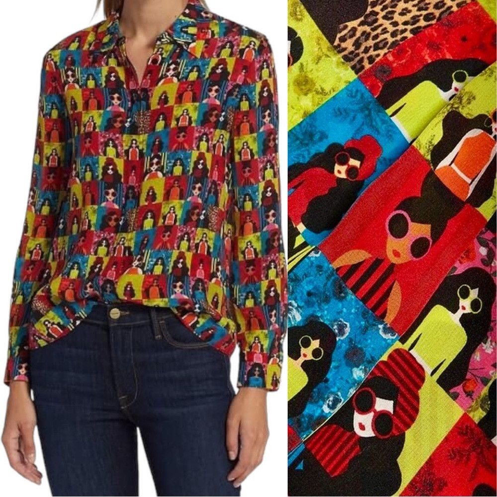 Alice + Olivia ALICE + OLIVIA WILLA CHECKERED GRAPHIC SILK BUTTON UP SHIRT Size XS / US 0-2 / IT 36-38 - 7 Thumbnail