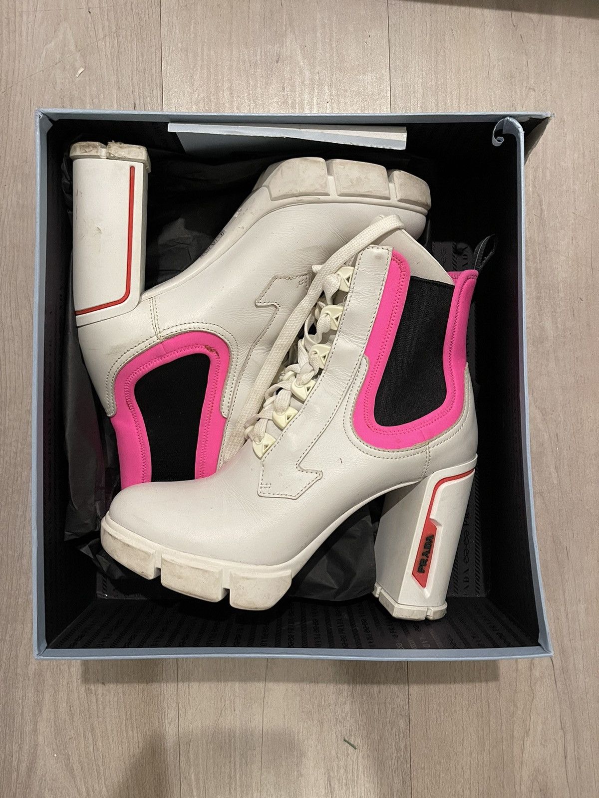 Prada Prada Chunky White and Neon Pink Lace-up Ankle Boots Size US 9.5 / IT 39.5 - 2 Thumbnail