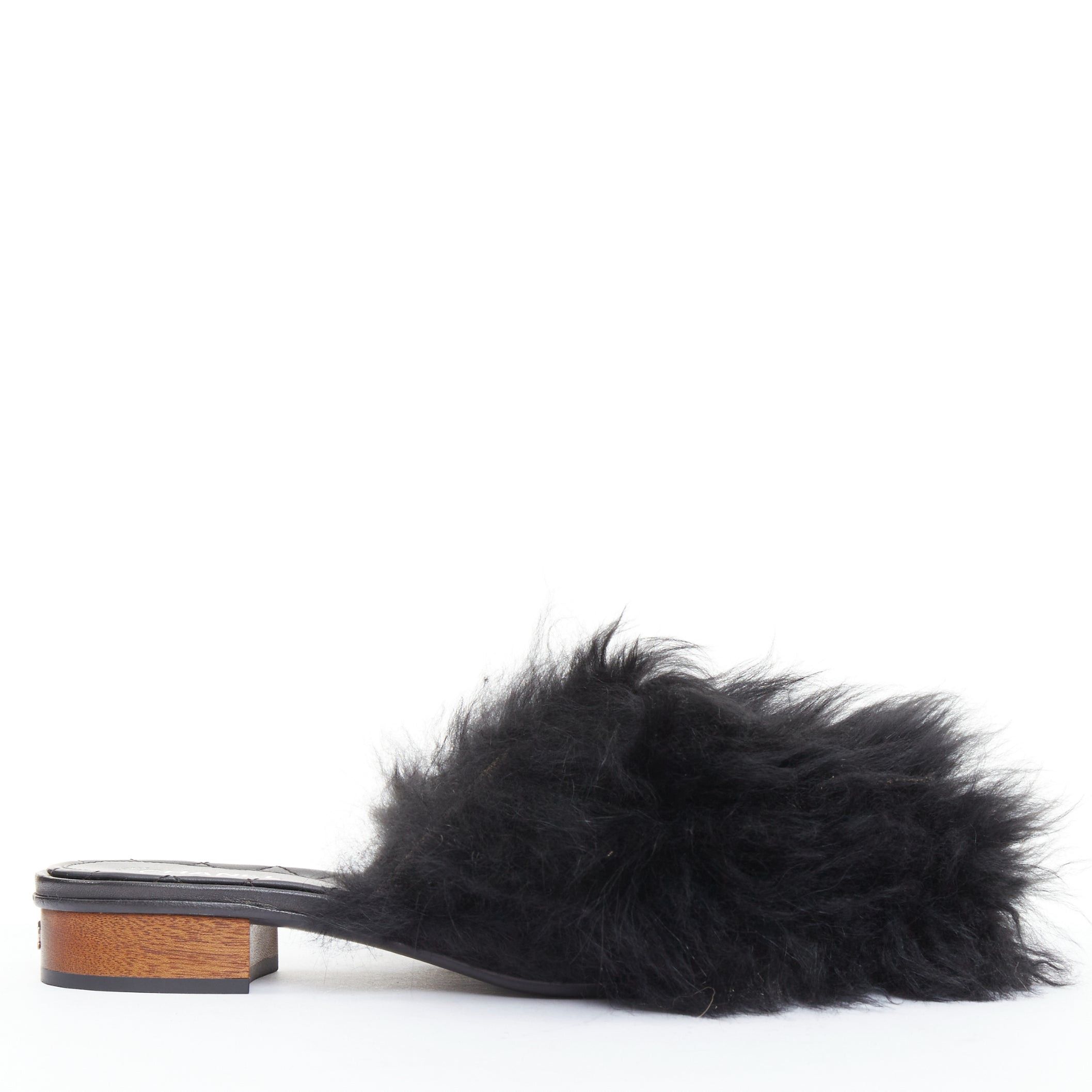 Chanel CHANEL black silver CC logo mongolian lamb fur fluffy slippers EU37.5 Size US 7.5 / IT 37.5 - 1 Thumbnail