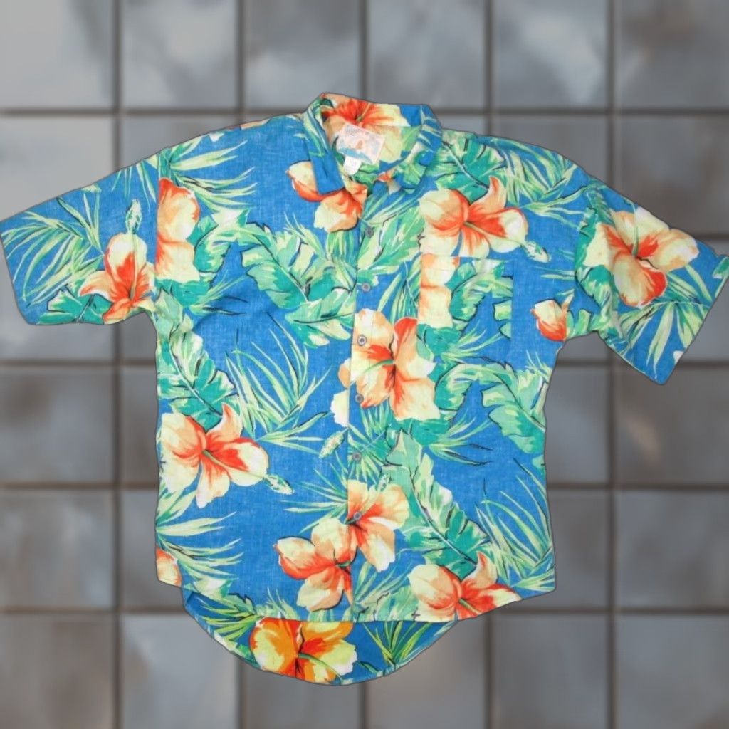Paradise VINTAGE Paradise of The Pacific Men's Shirt Short Sleeve Hawaiian Floral Button Up Blue 60s 70s Retro Made in USA Size US L / EU 52-54 / 3 - 1 Thumbnail