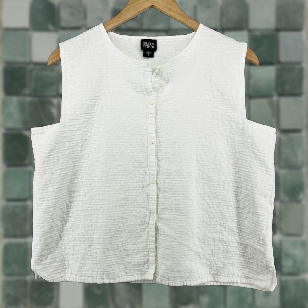 VINTAGE EILEEN FISHER Vest Top Shirt L White Cotton Textured